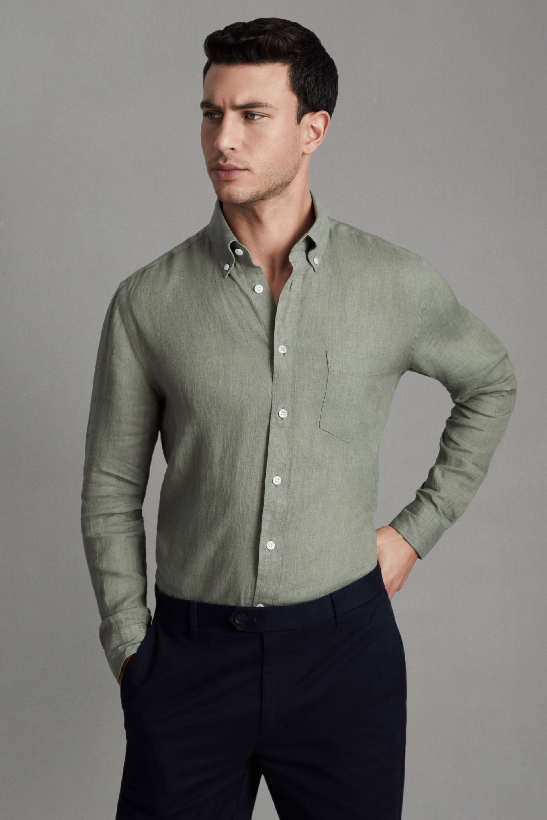 Reiss Pistachio Queens Linen Button-Down Collar Shirt - Image 1 of 6