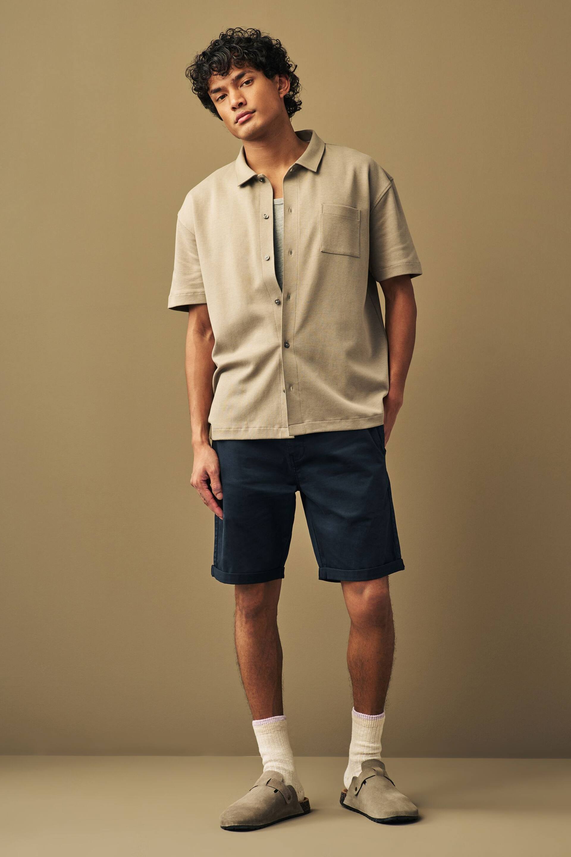 Navy Blue Slim Fit Premium Laundered Stretch Chino Shorts - Image 2 of 8
