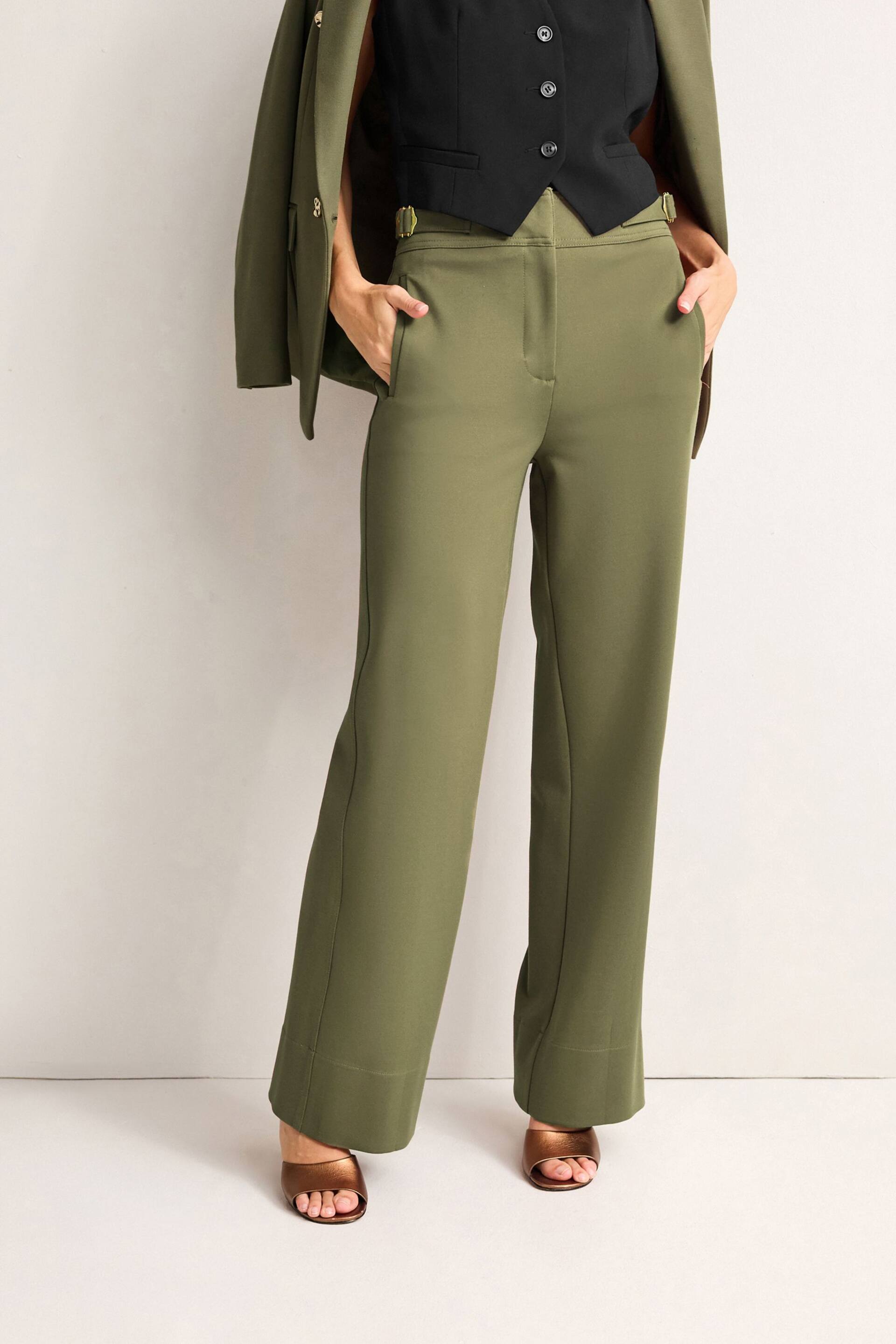 Khaki Green Tailored Ponte Metal Detail Wide Leg Trousers - Image 2 of 7