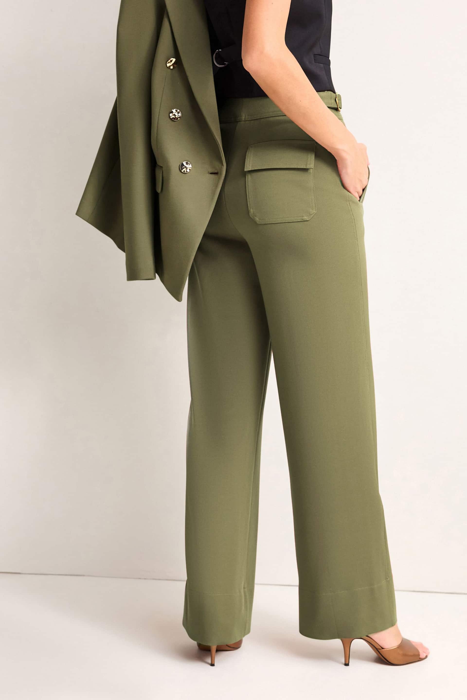 Khaki Green Tailored Ponte Metal Detail Wide Leg Trousers - Image 4 of 7