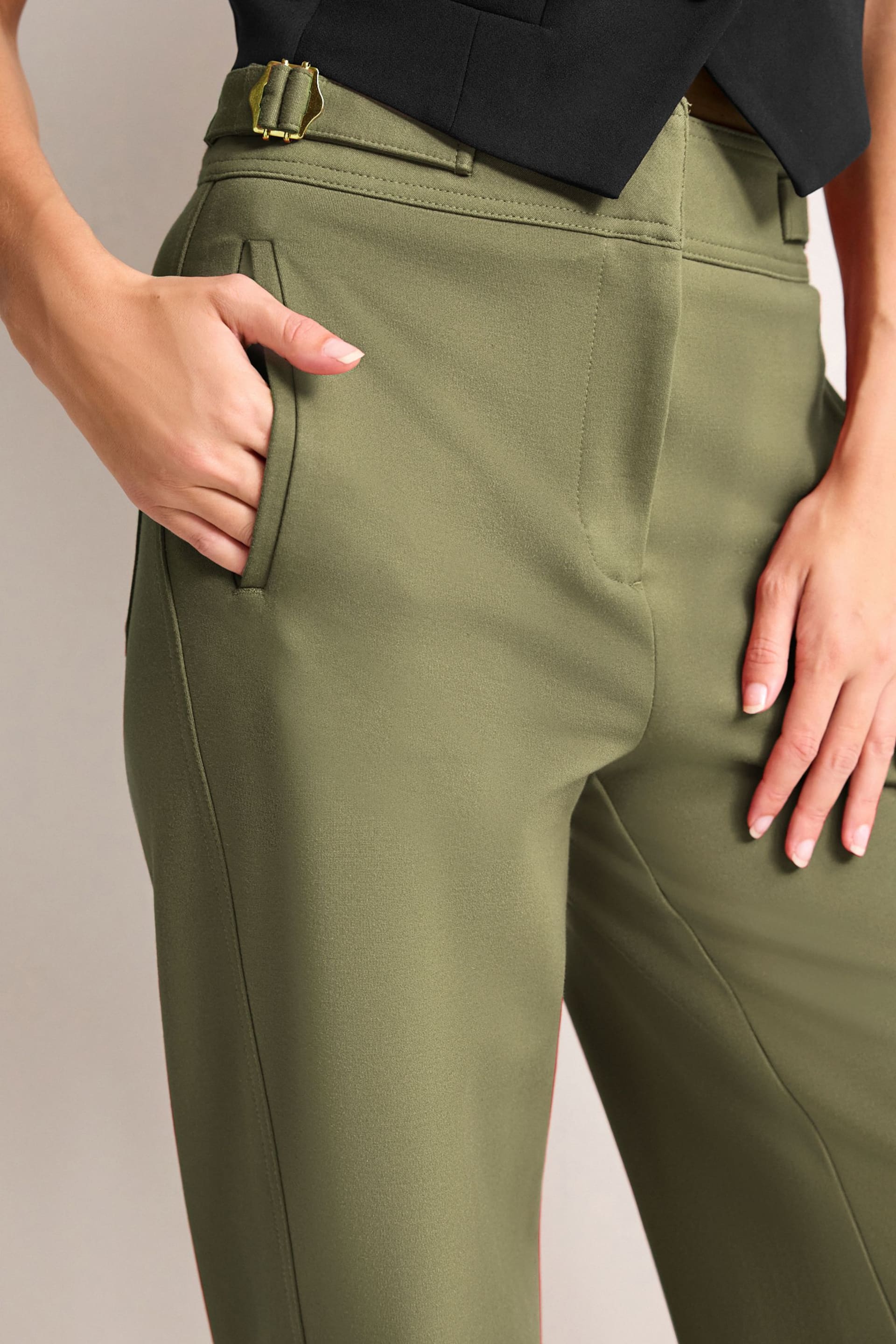 Khaki Green Tailored Ponte Metal Detail Wide Leg Trousers - Image 5 of 7