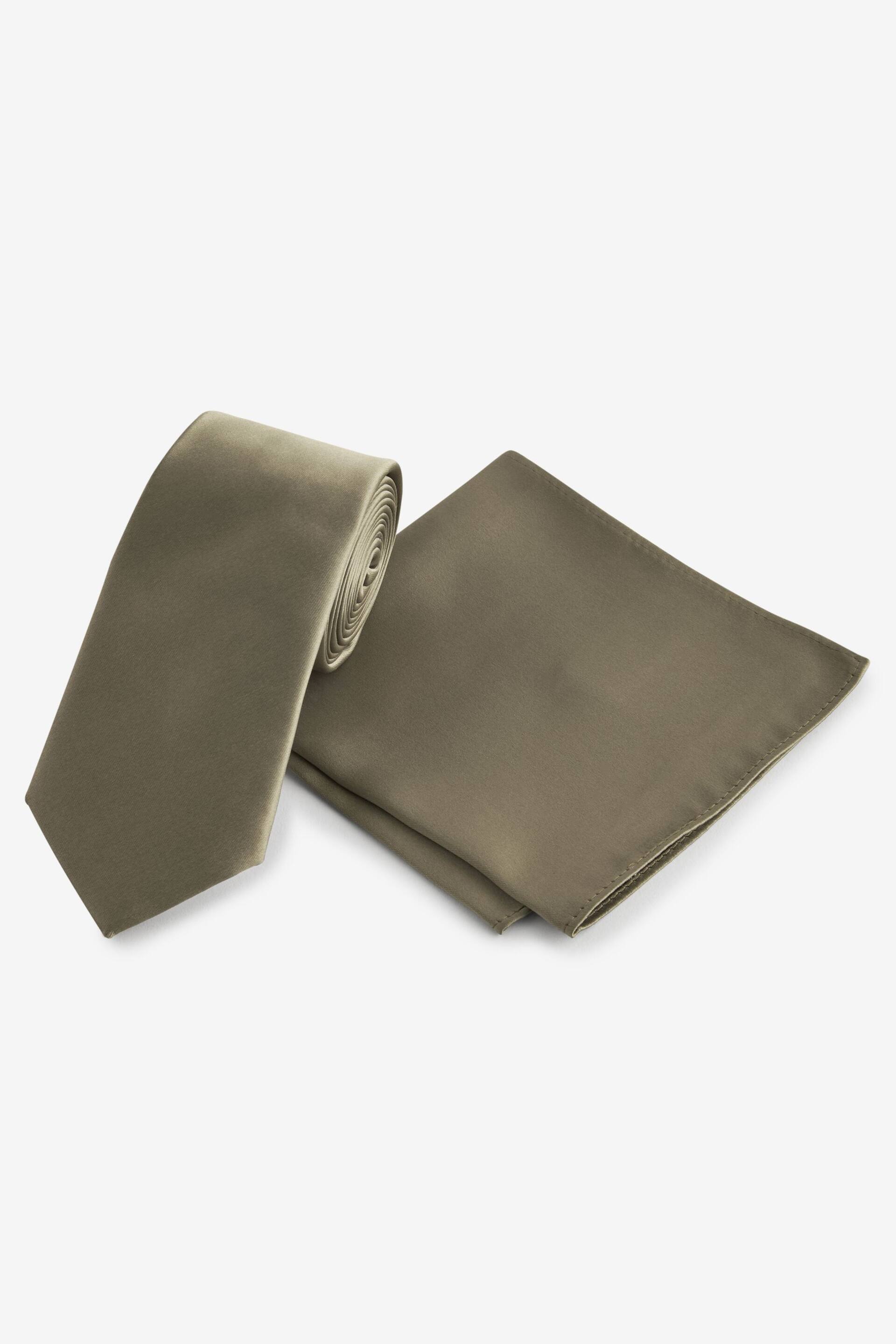 Olive Green Satin Tie And Pocket Square Set - Image 1 of 5