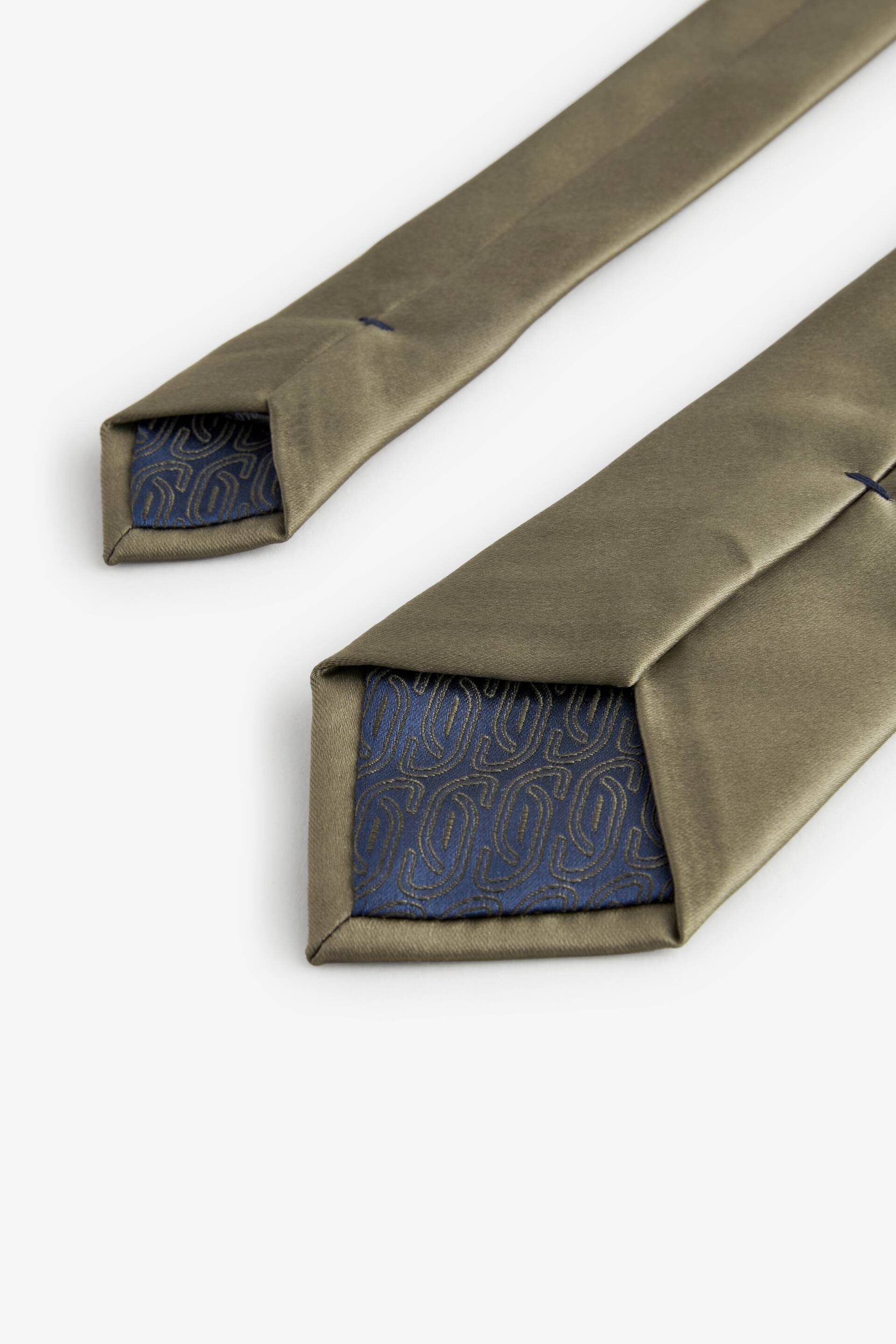 Olive Green Satin Tie And Pocket Square Set - Image 3 of 5