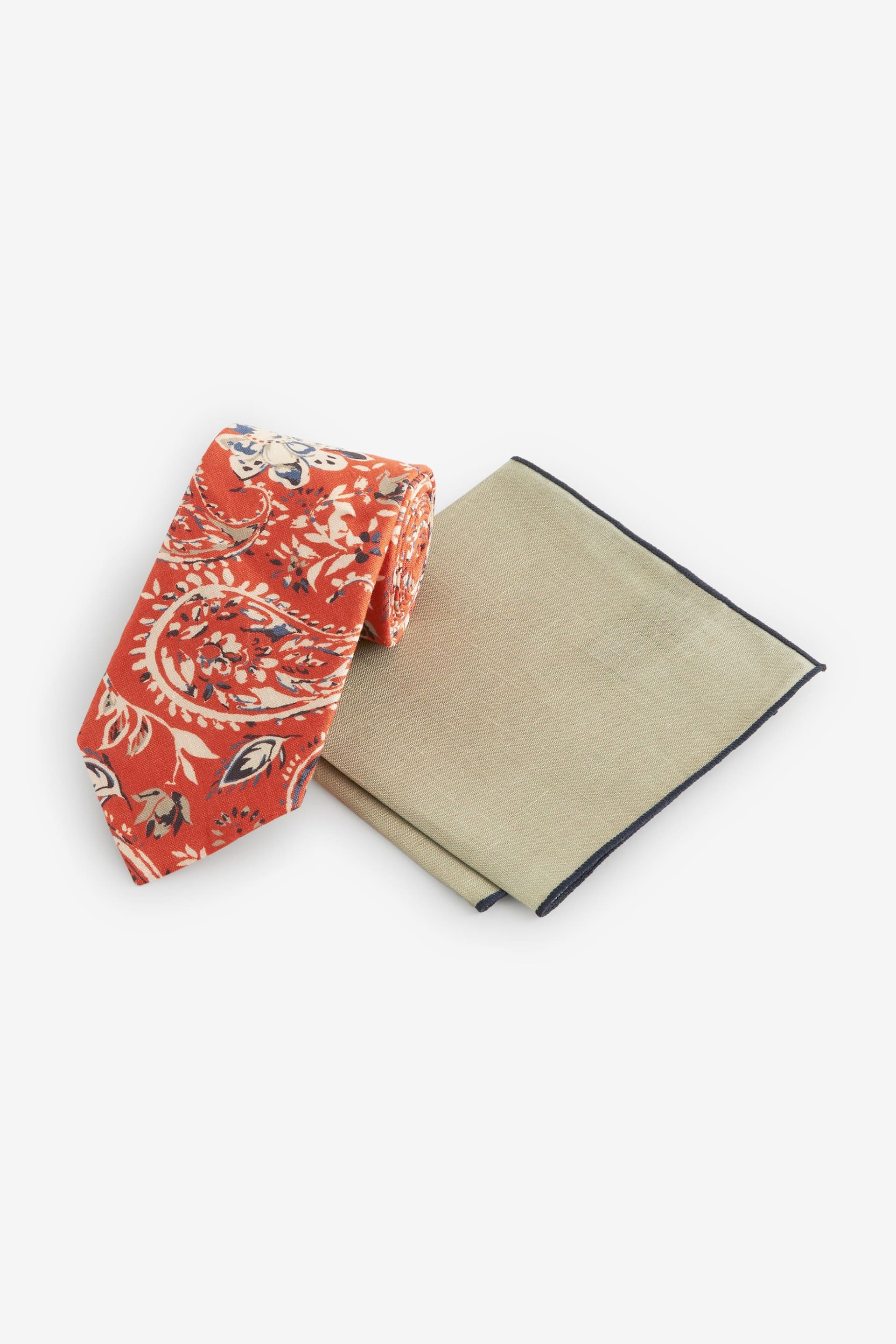 Batik Orange/Neutral Brown Linen Tie And Pocket Square Set - Image 1 of 5