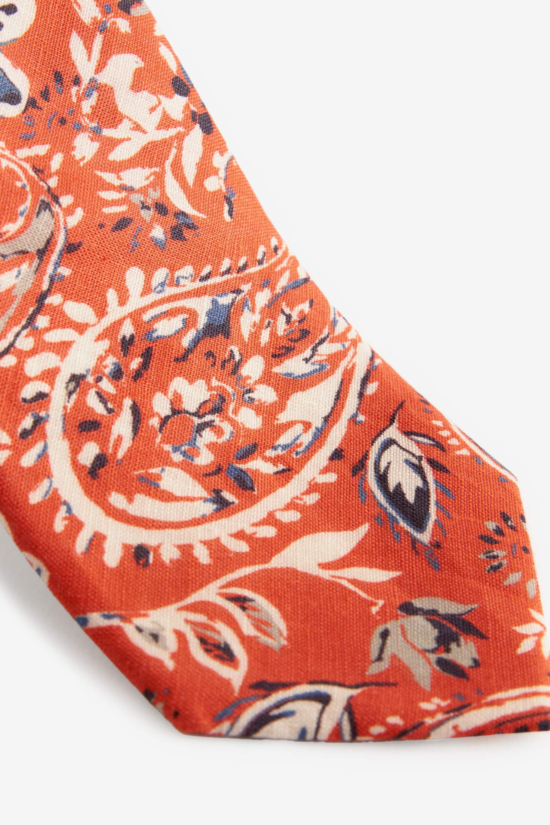 Batik Orange/Neutral Brown Linen Tie And Pocket Square Set - Image 2 of 5