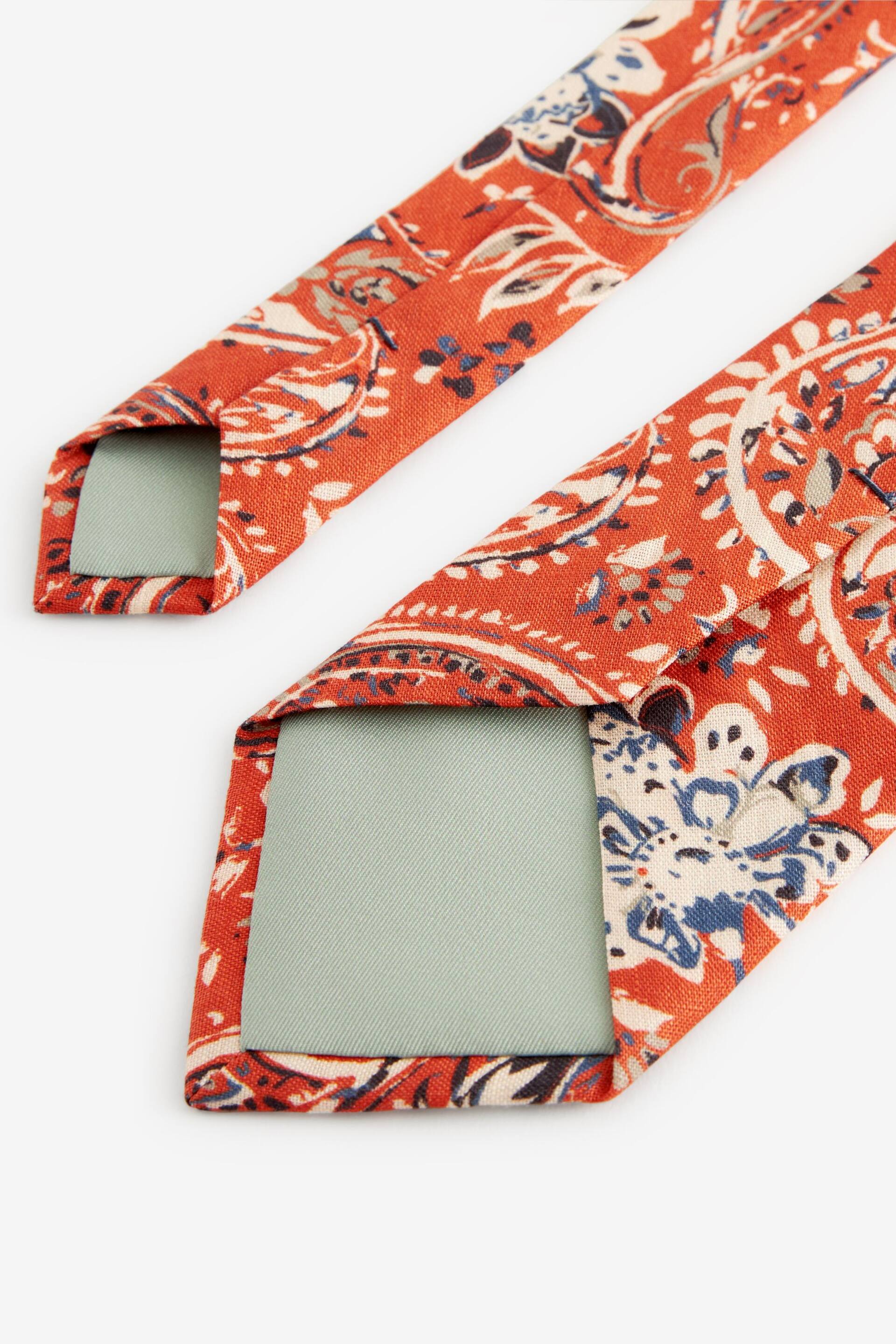 Batik Orange/Neutral Brown Linen Tie And Pocket Square Set - Image 3 of 5