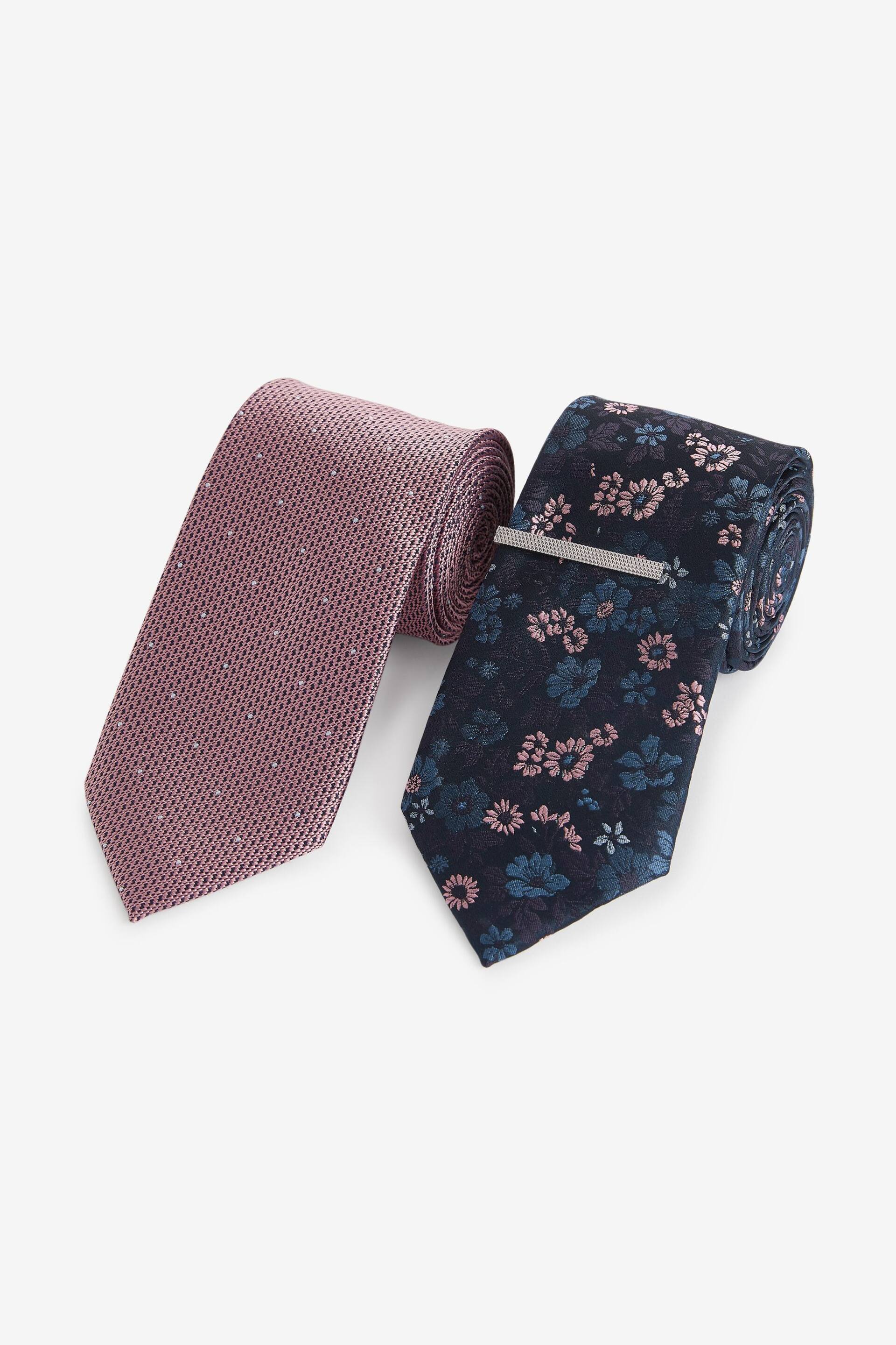 Pink Floral/Pink Polka Dot Textured Tie With Tie Clips 2 Pack - Image 1 of 3