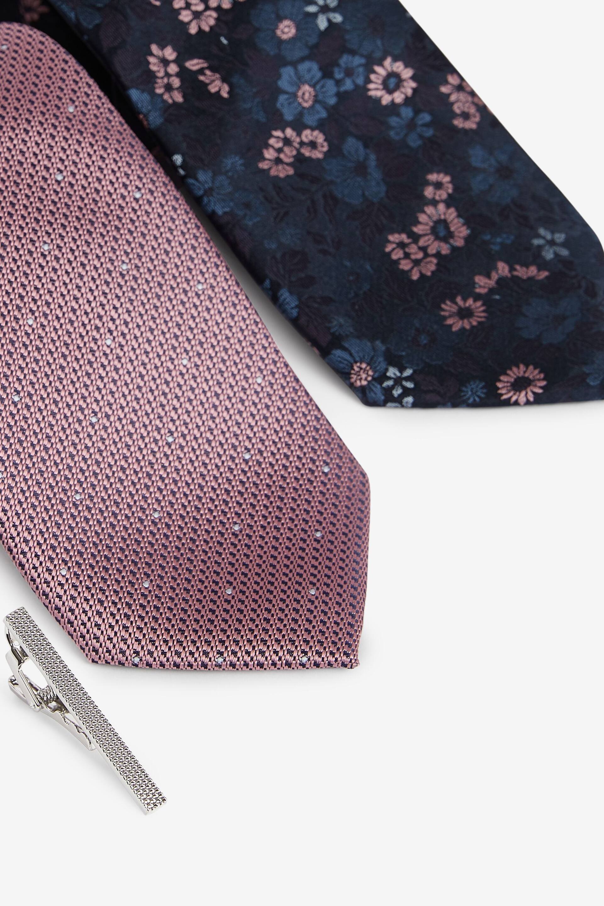 Pink Floral/Pink Polka Dot Textured Tie With Tie Clips 2 Pack - Image 2 of 3