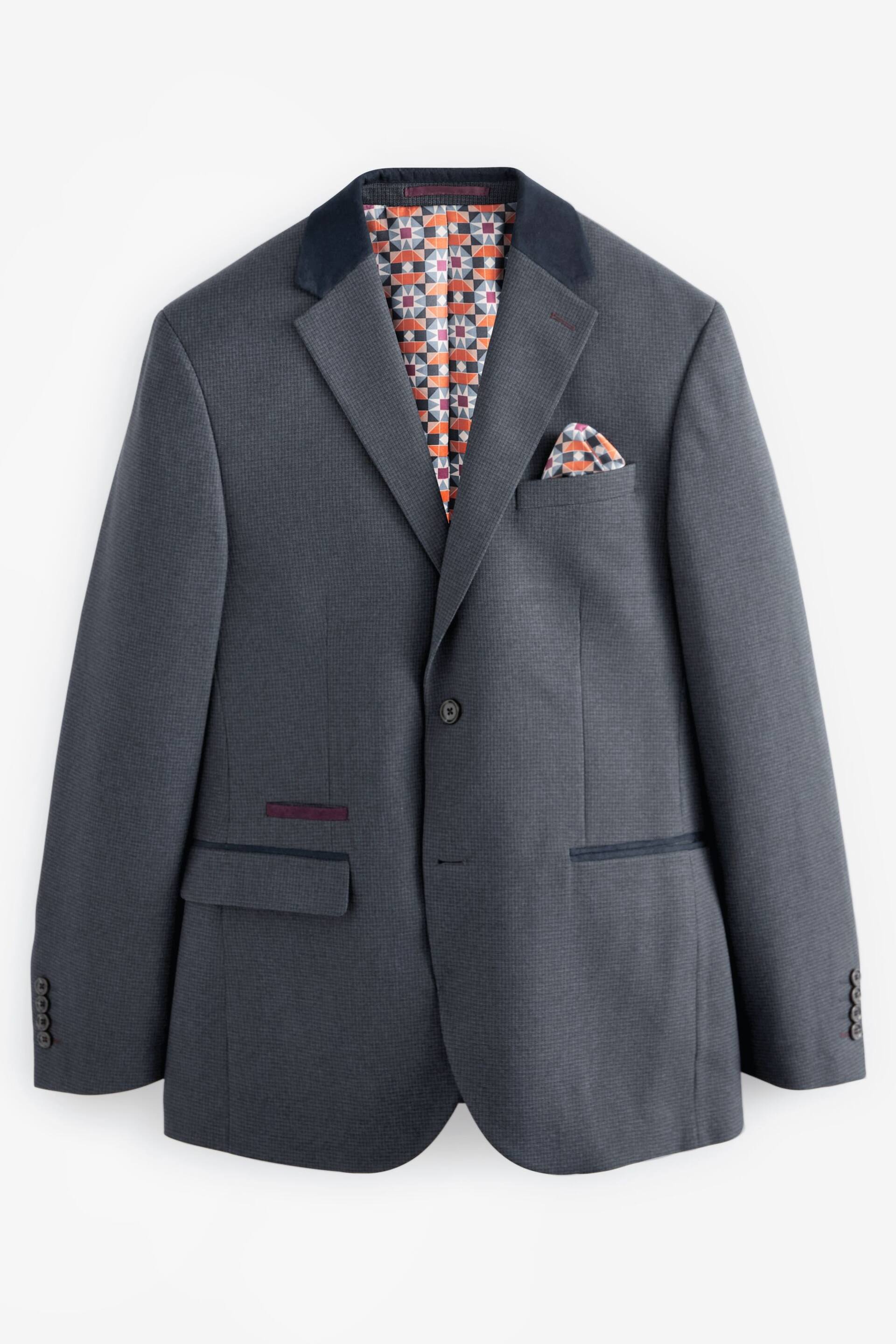 Navy Blue Trimmed Textured Suit Jacket - Image 8 of 12