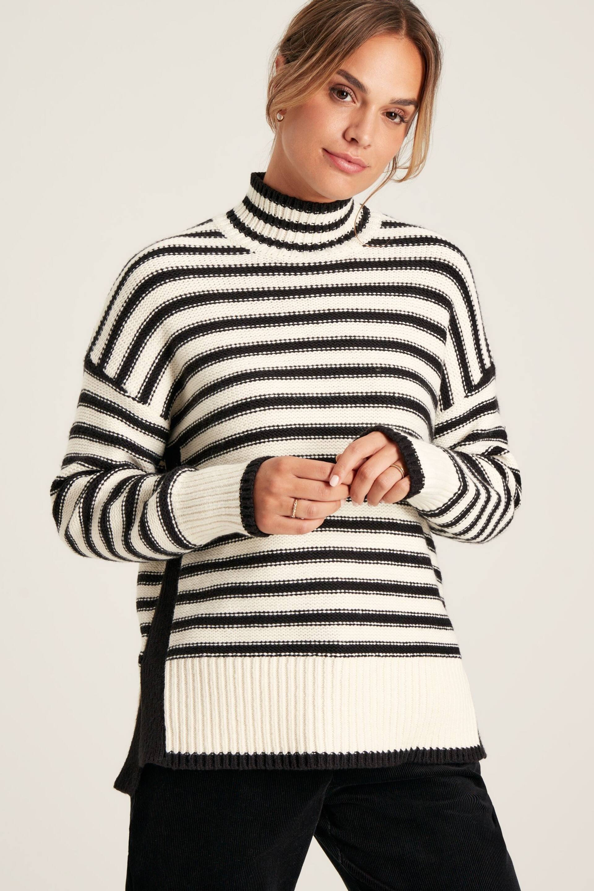 Joules Tandie Black/Cream Striped High Neck Jumper - Image 1 of 7
