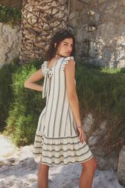 White/Blue Linen V-Neck Blend Summer Sleeveless Shift Dress - Image 3 of 7