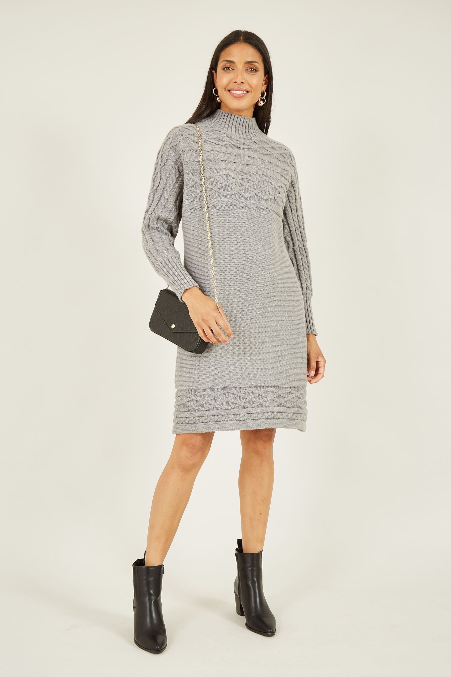 Yumi Grey Cable Knit Tunic Dress - Image 1 of 5