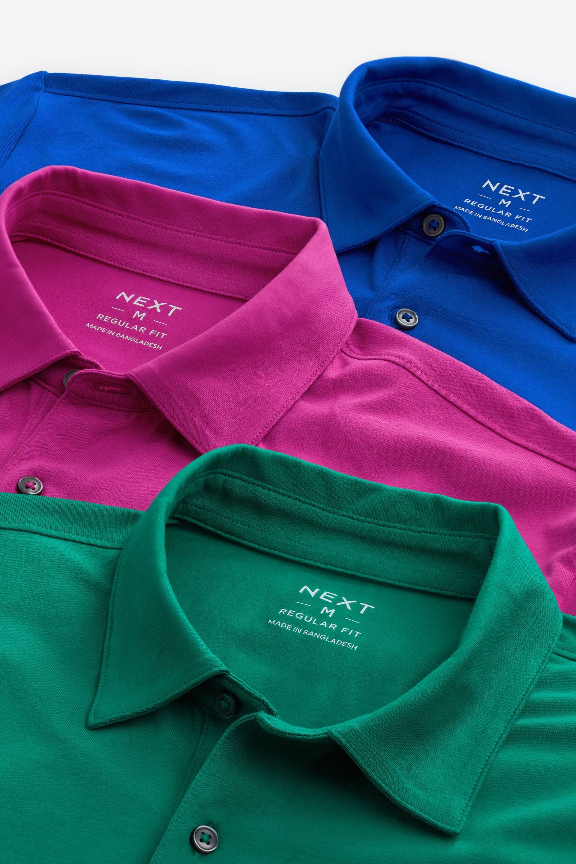 Blue/Green/Pink Bright Regular Fit Short Sleeve Jersey Polo Shirts 3 Pack - Image 8 of 8