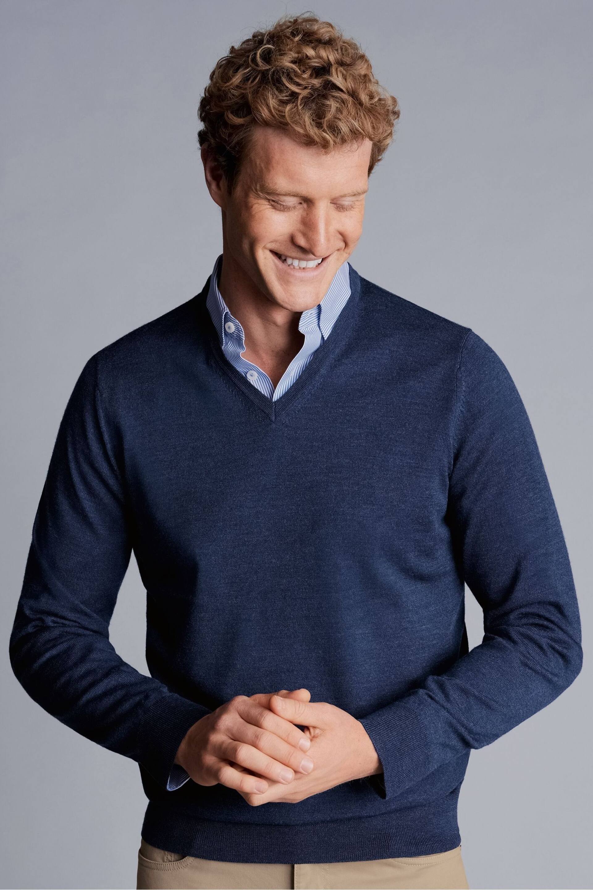 Charles Tyrwhitt Blue Pure Merino V-Neck Jumper - Image 1 of 4