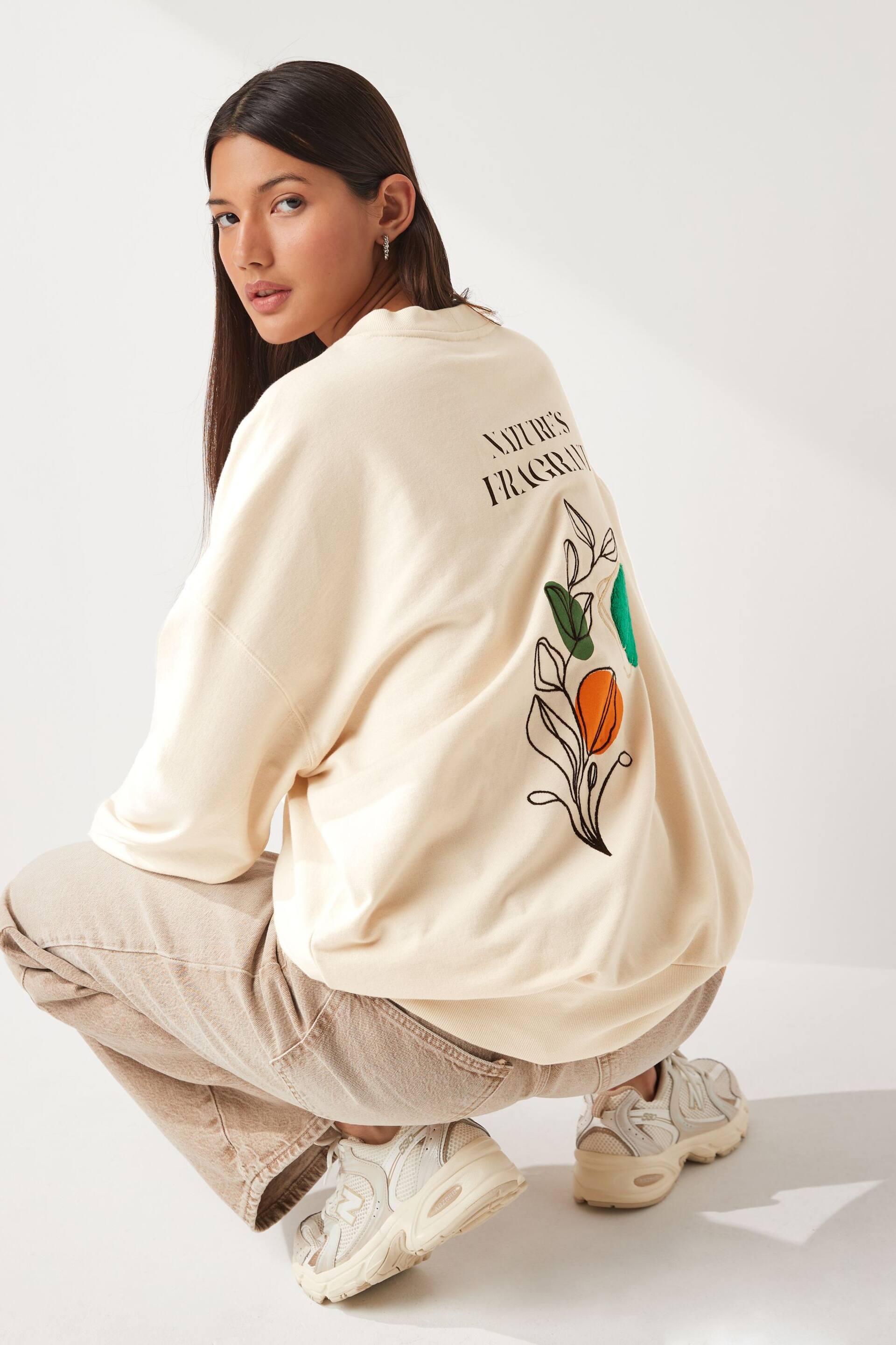 Neutral Ecru Relaxed Fit Longline Nature Back Graphic Crew Neck Slogan Sweatshirt - Image 1 of 7