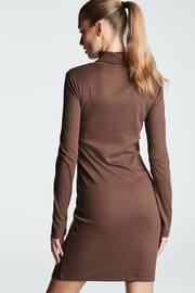 Chocolate Brown Ribbed Roll Neck Long Sleeve Mini Dress - Image 3 of 6