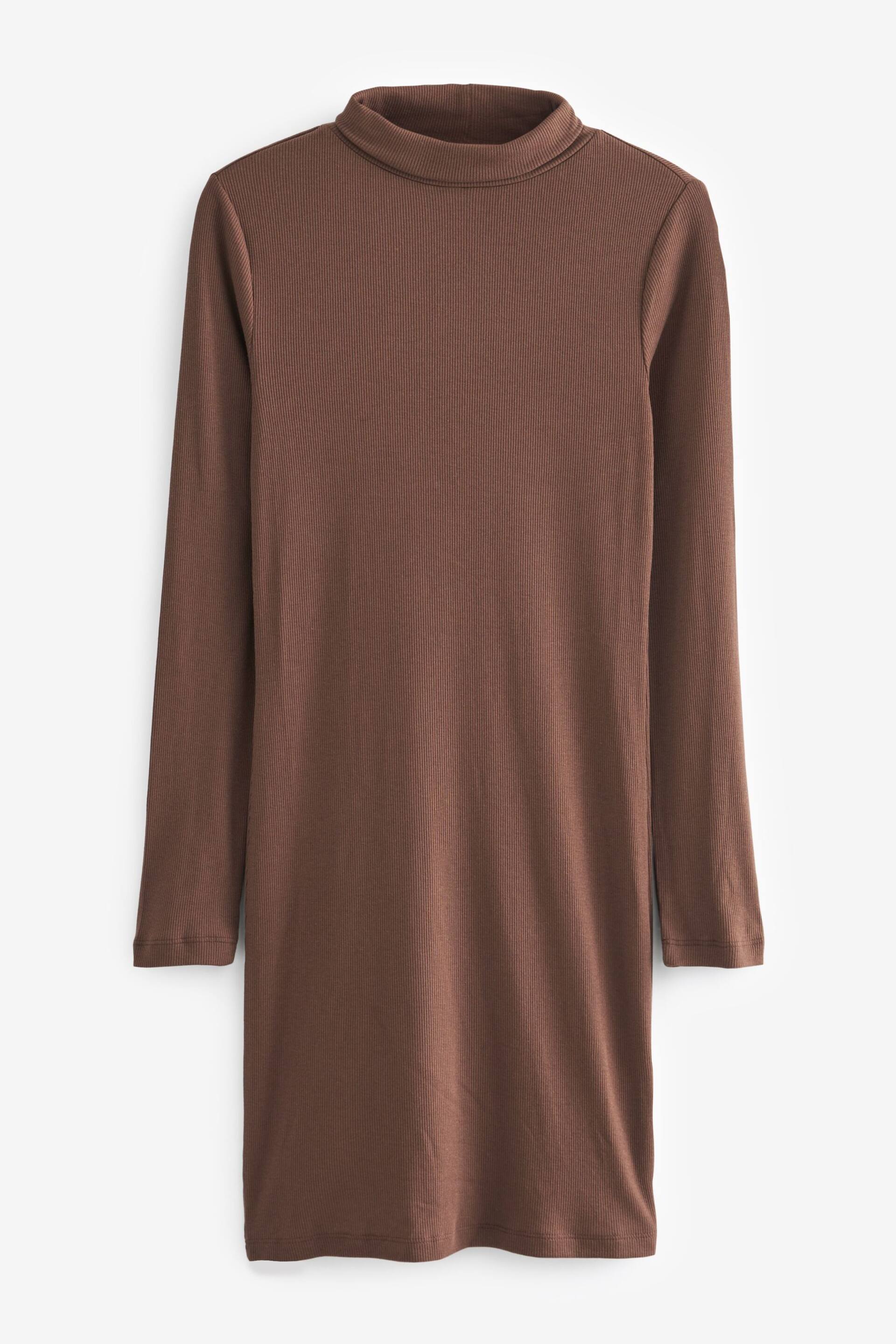 Chocolate Brown Ribbed Roll Neck Long Sleeve Mini Dress - Image 5 of 6