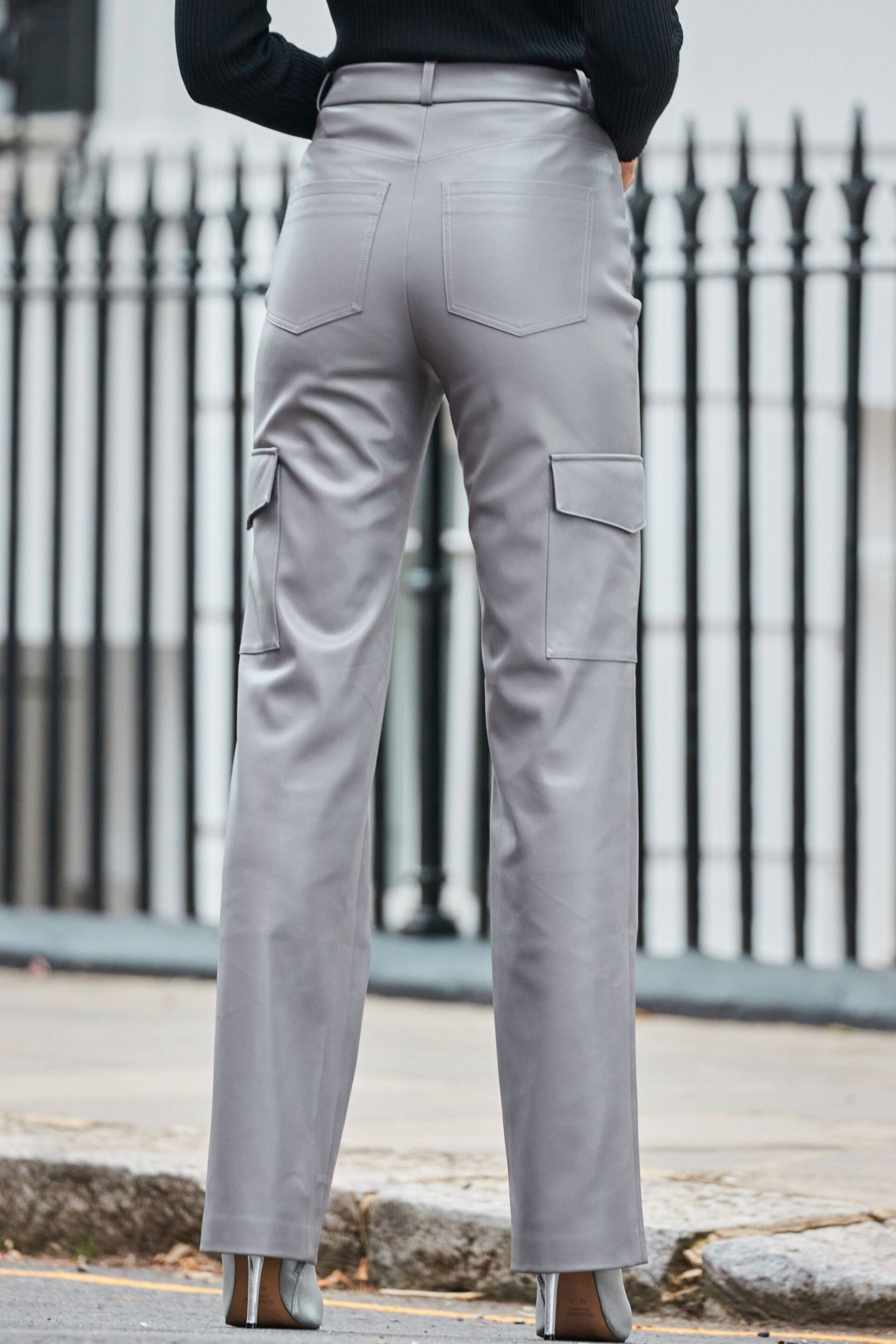 Sosandar Grey Faux Leather Wide Leg Cargo Trousers With Pocket Detail - Image 2 of 5