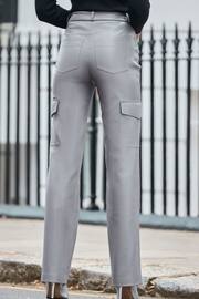 Sosandar Grey Faux Leather Wide Leg Cargo Trousers With Pocket Detail - Image 3 of 5