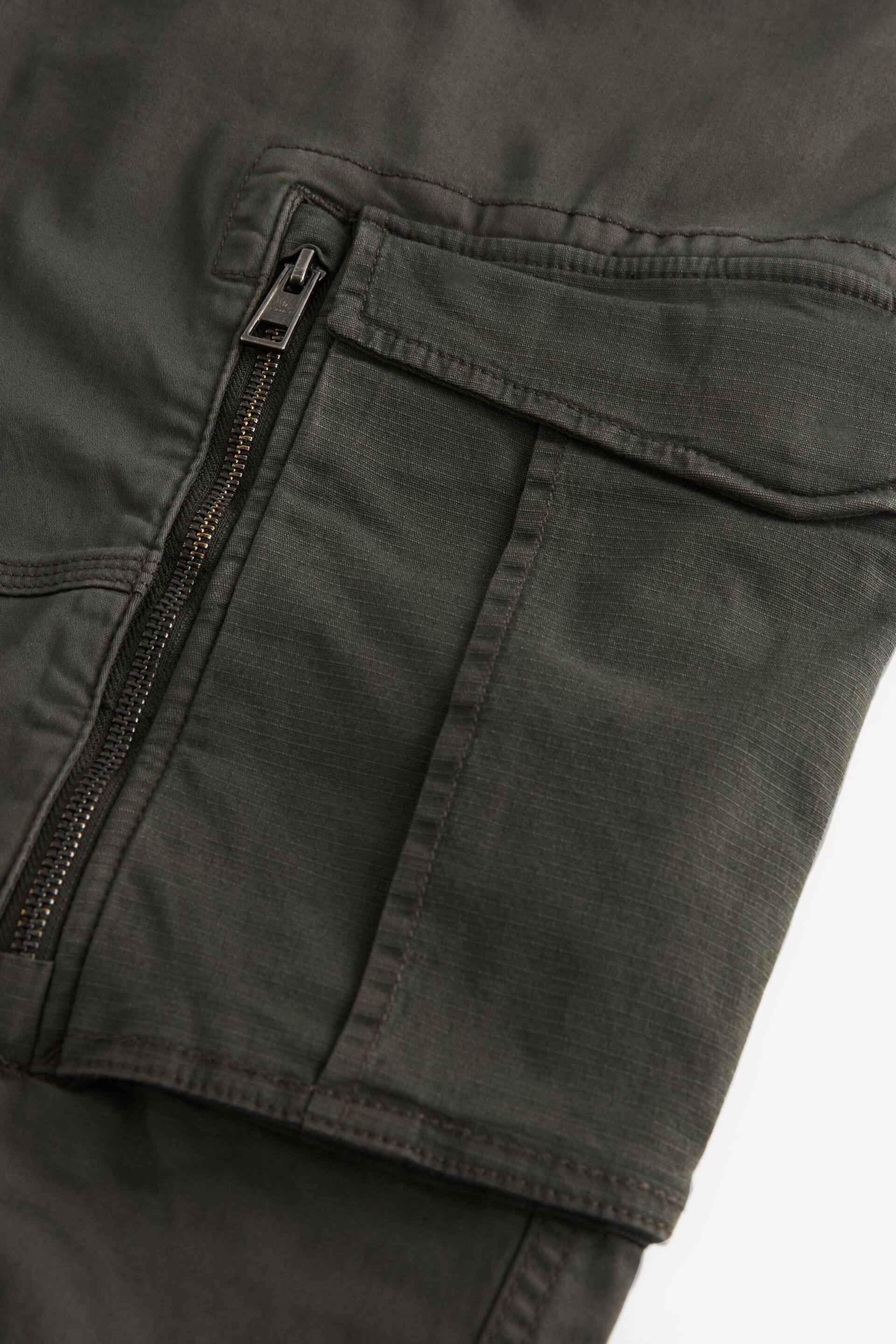 Dark Khaki Green Slim Fit Zip Detail Stretch Cargo Shorts - Image 4 of 9