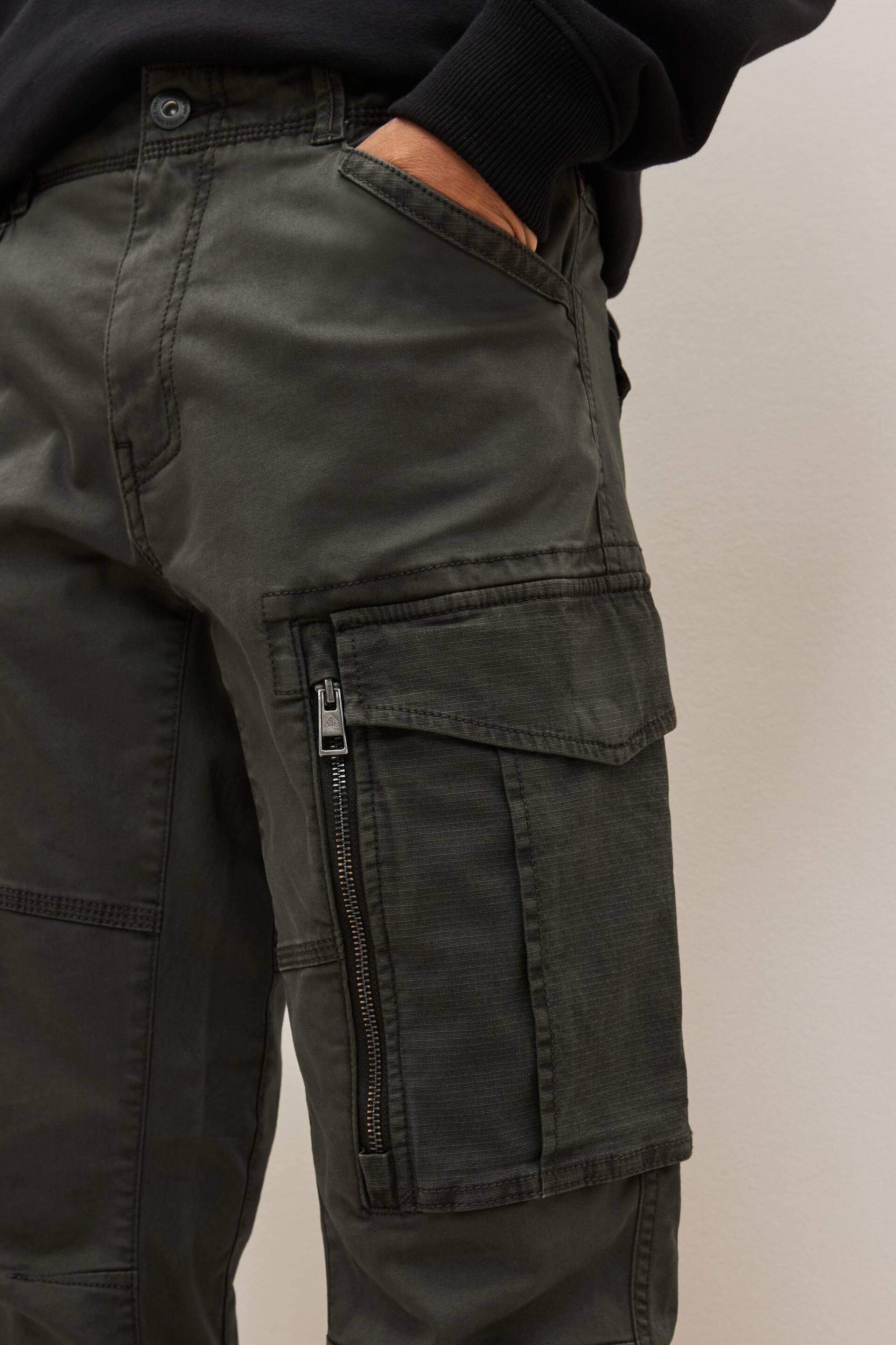 Dark Khaki Green Slim Fit Zip Detail Stretch Cargo Shorts - Image 7 of 9