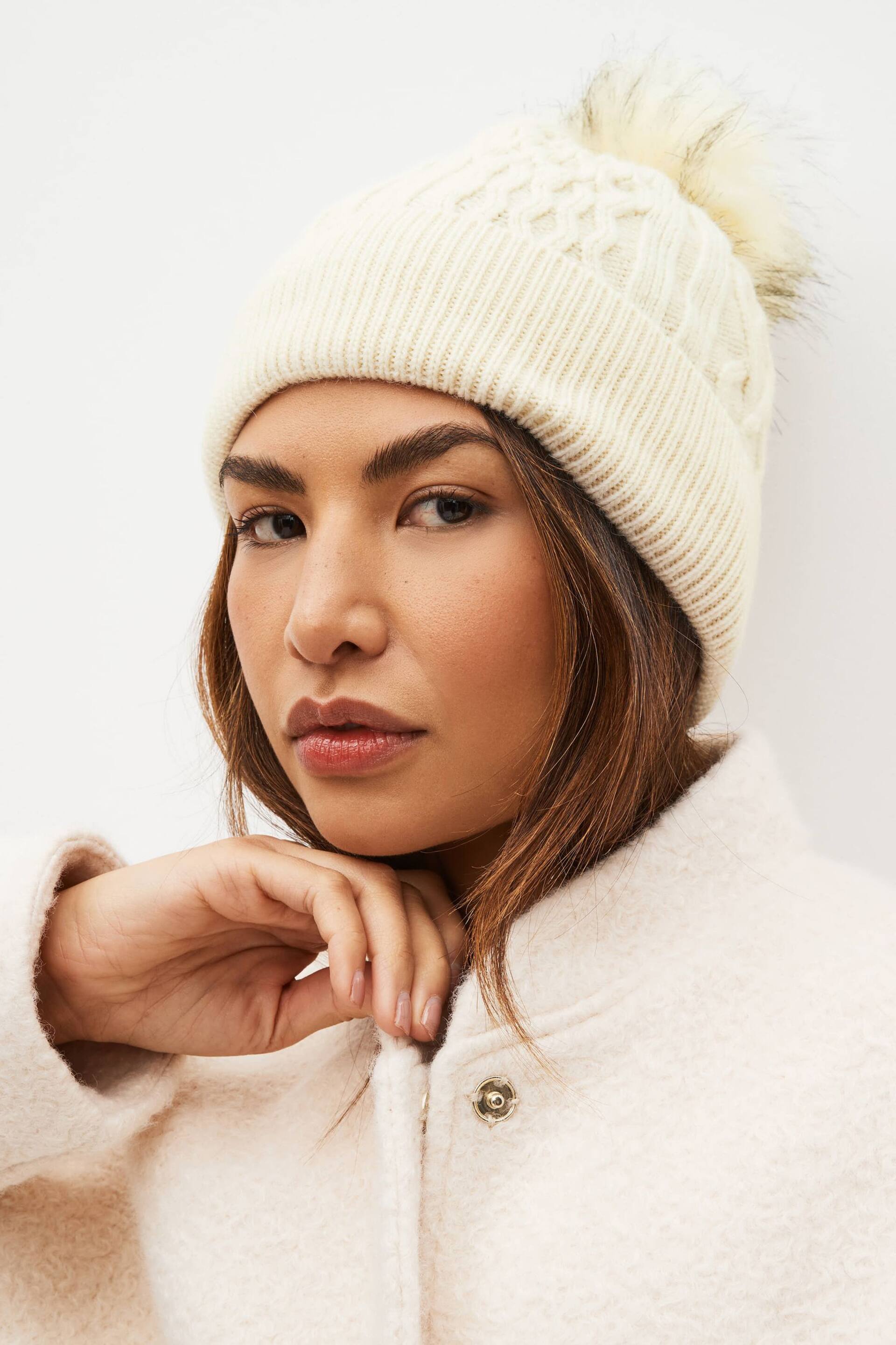 Cream Patchwork Heart Cable Knit Pom Hat - Image 1 of 3