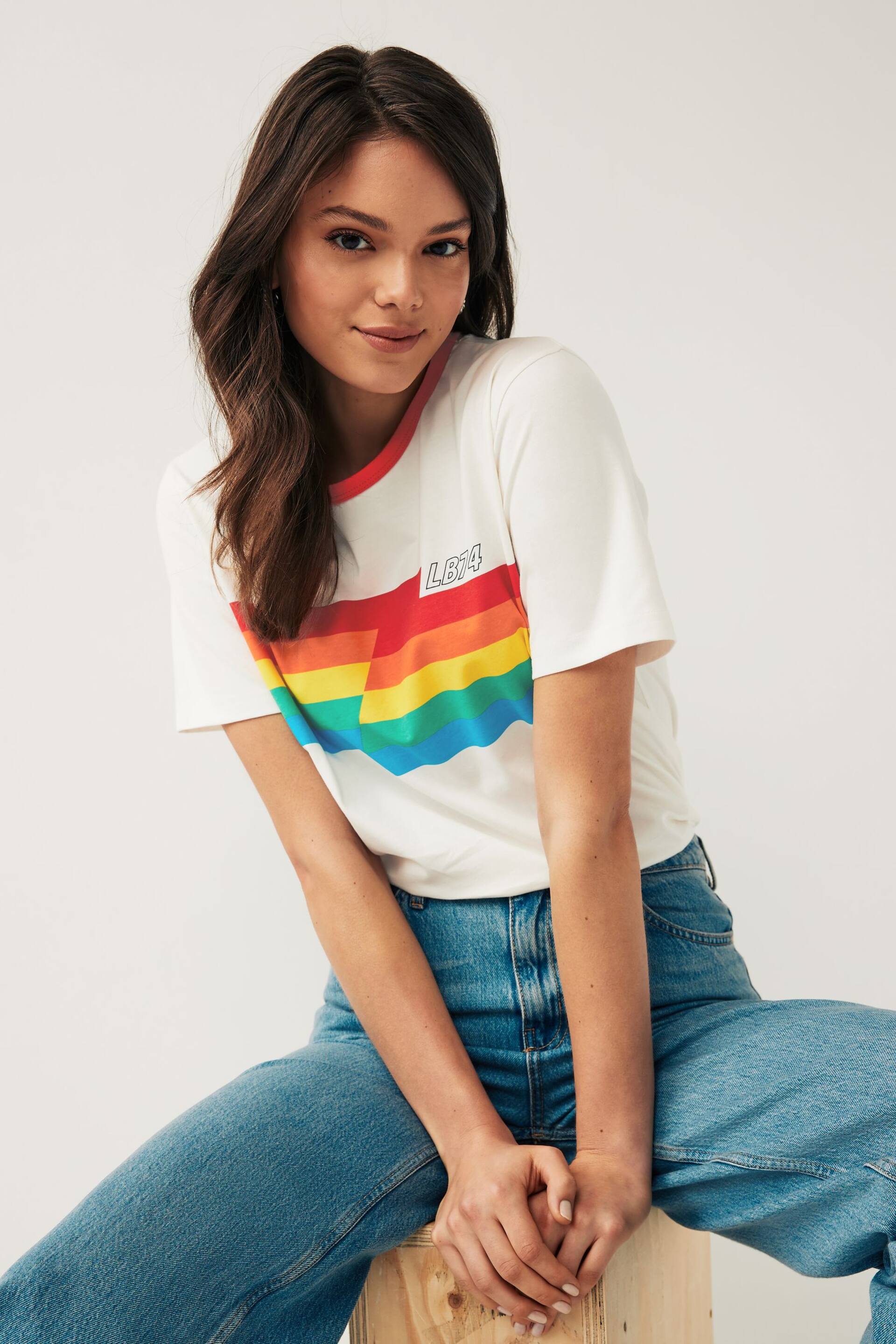 Little Bird by Jools Oliver Red Adults Short Sleeve Rainbow Stripe T-Shirt - Image 1 of 6
