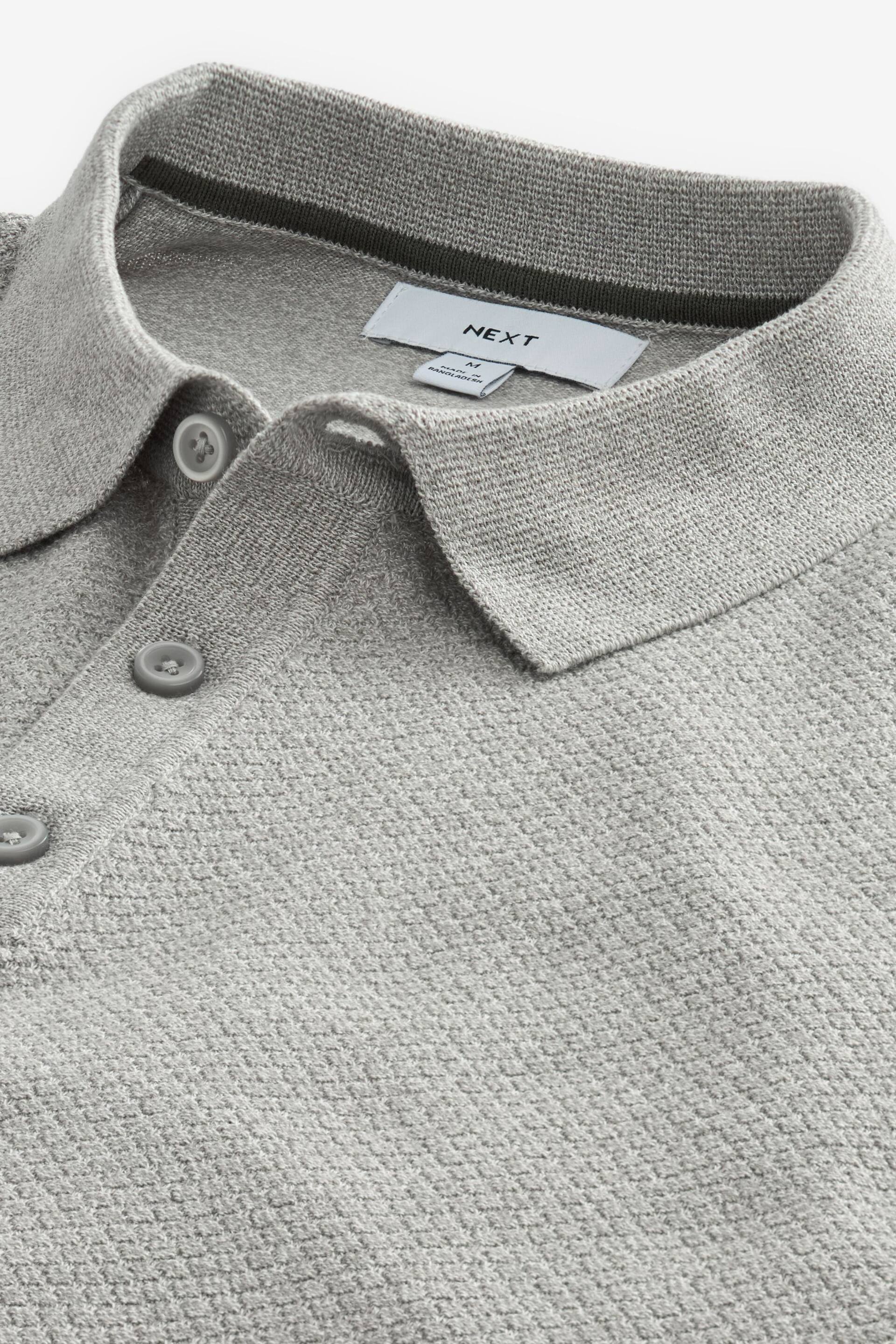 Grey Knitted Bubble Textured Regular Fit Polo Shirt - Image 6 of 7