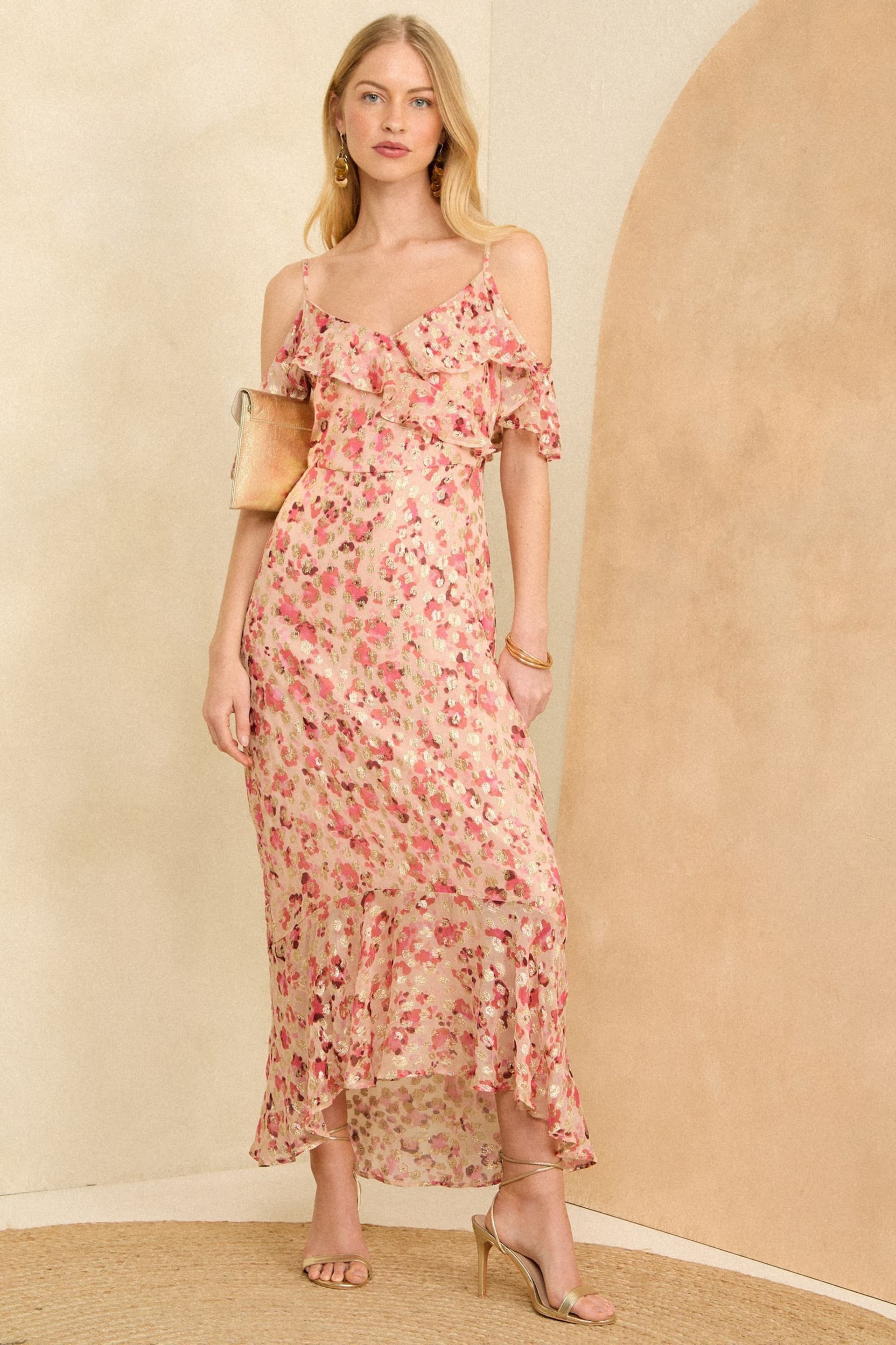 Love & Roses Pink Petite Printed Cold Shoulder Midaxi Dress - Image 1 of 4