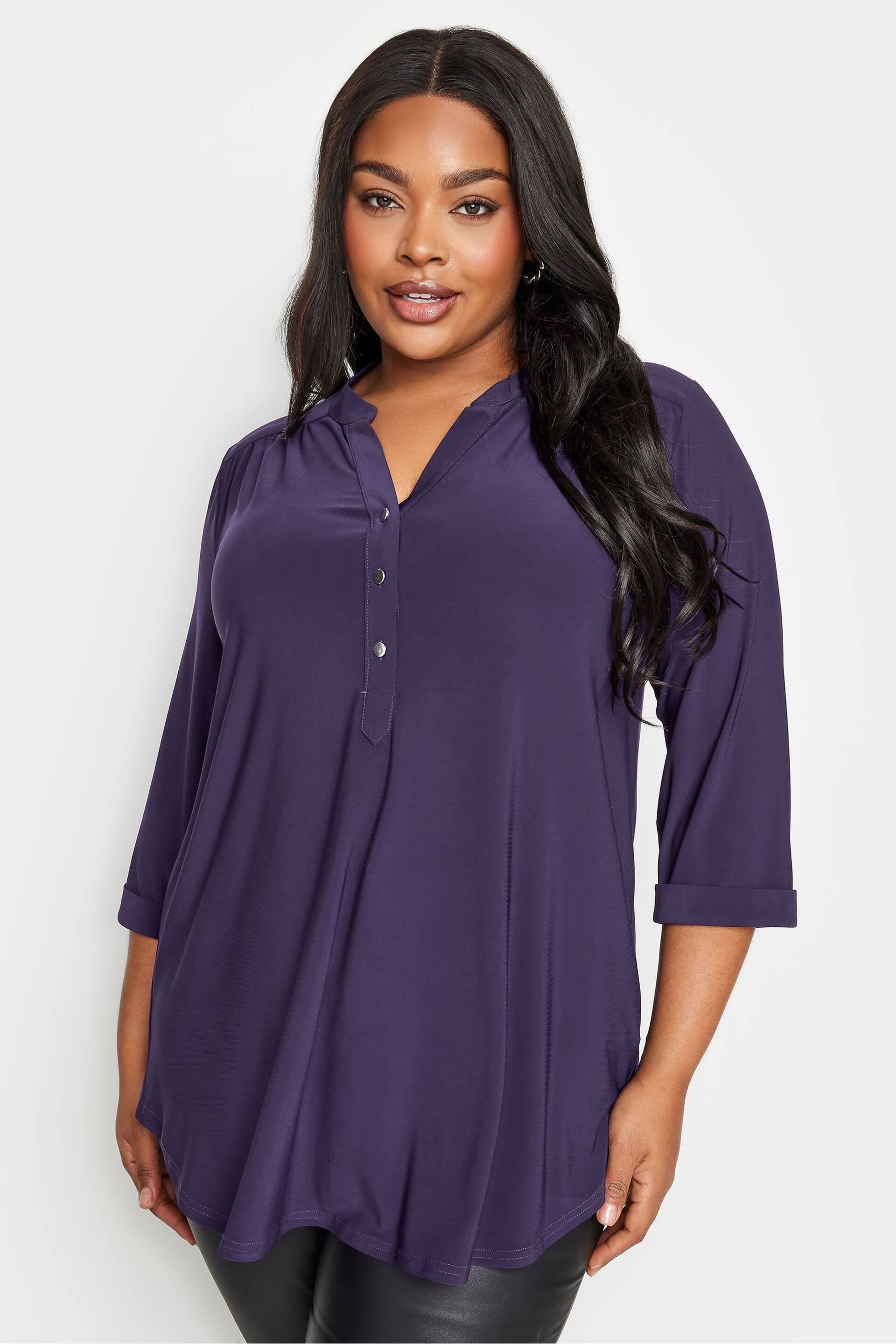Yours Curve Purple Half Placket Jersey Blouse - Image 1 of 4