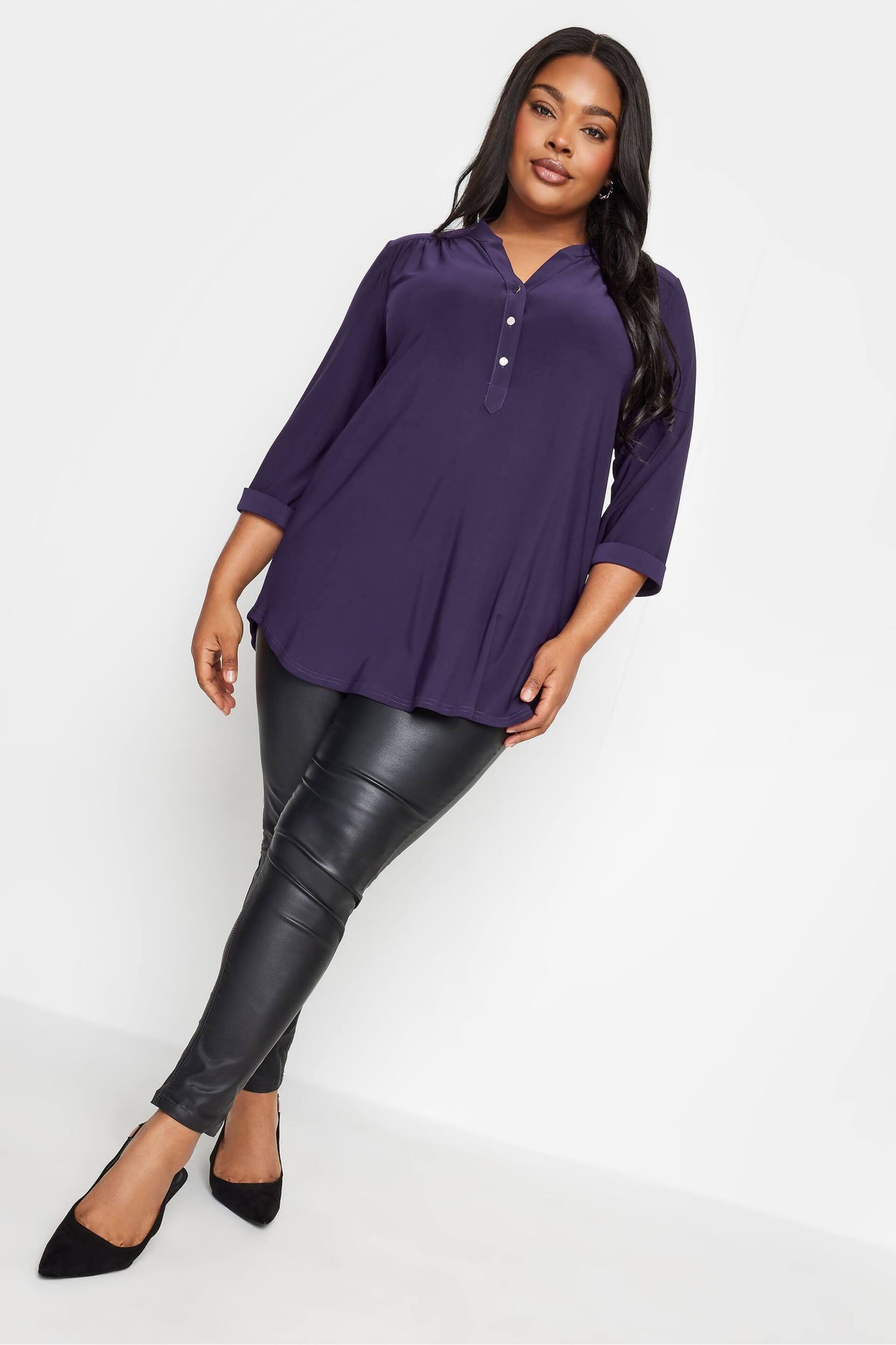 Yours Curve Purple Half Placket Jersey Blouse - Image 2 of 4