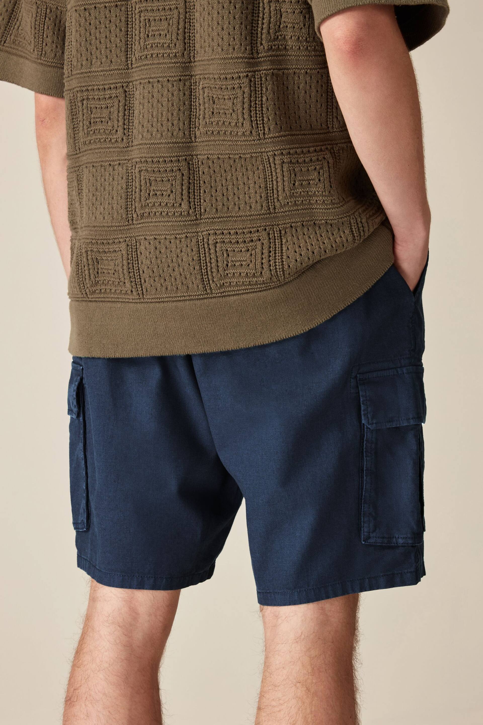 Navy Cotton Linen Cargo Shorts - Image 4 of 9