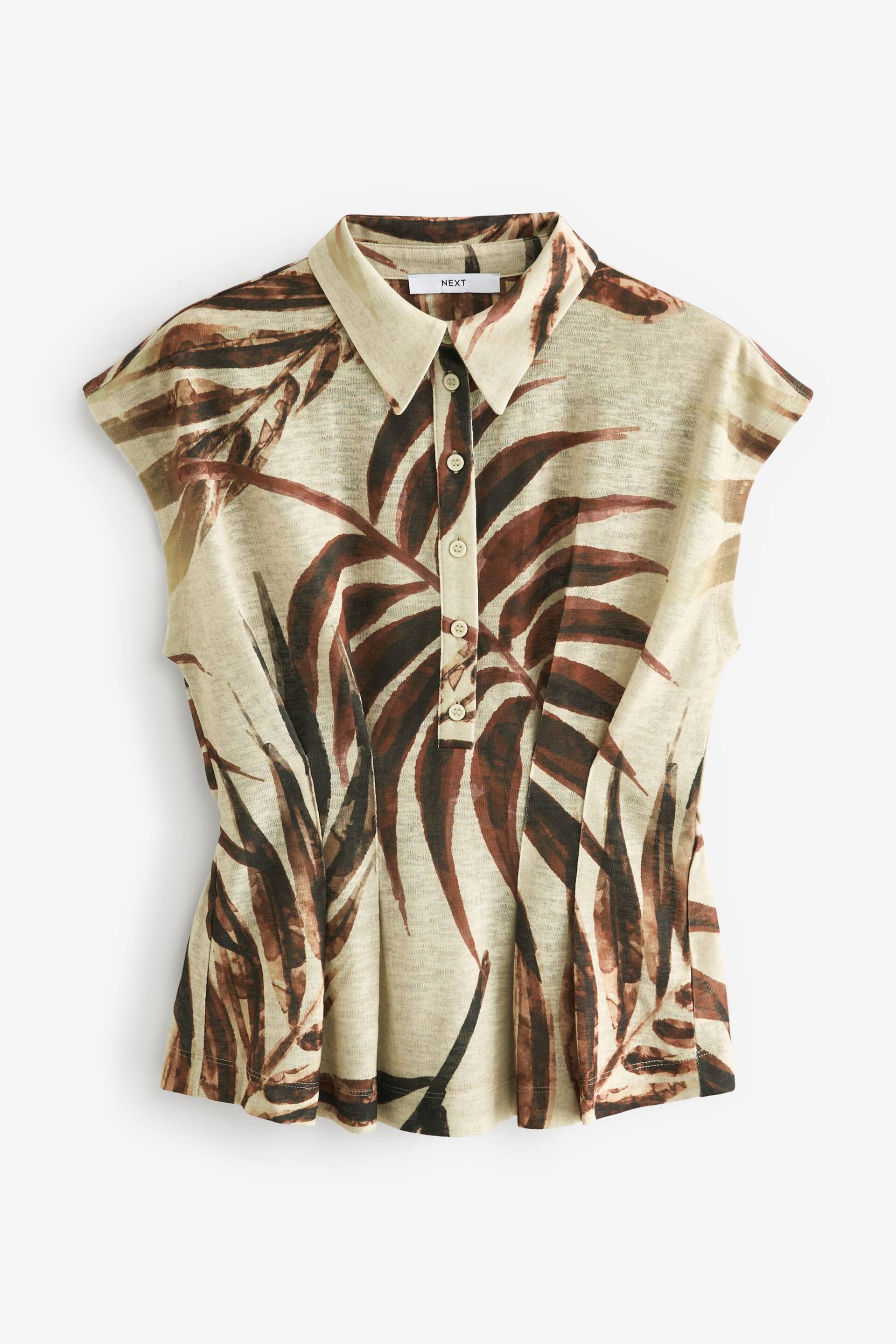 Ecru and Brown Palm Print Short Sleeve Blouse - Image 4 of 5