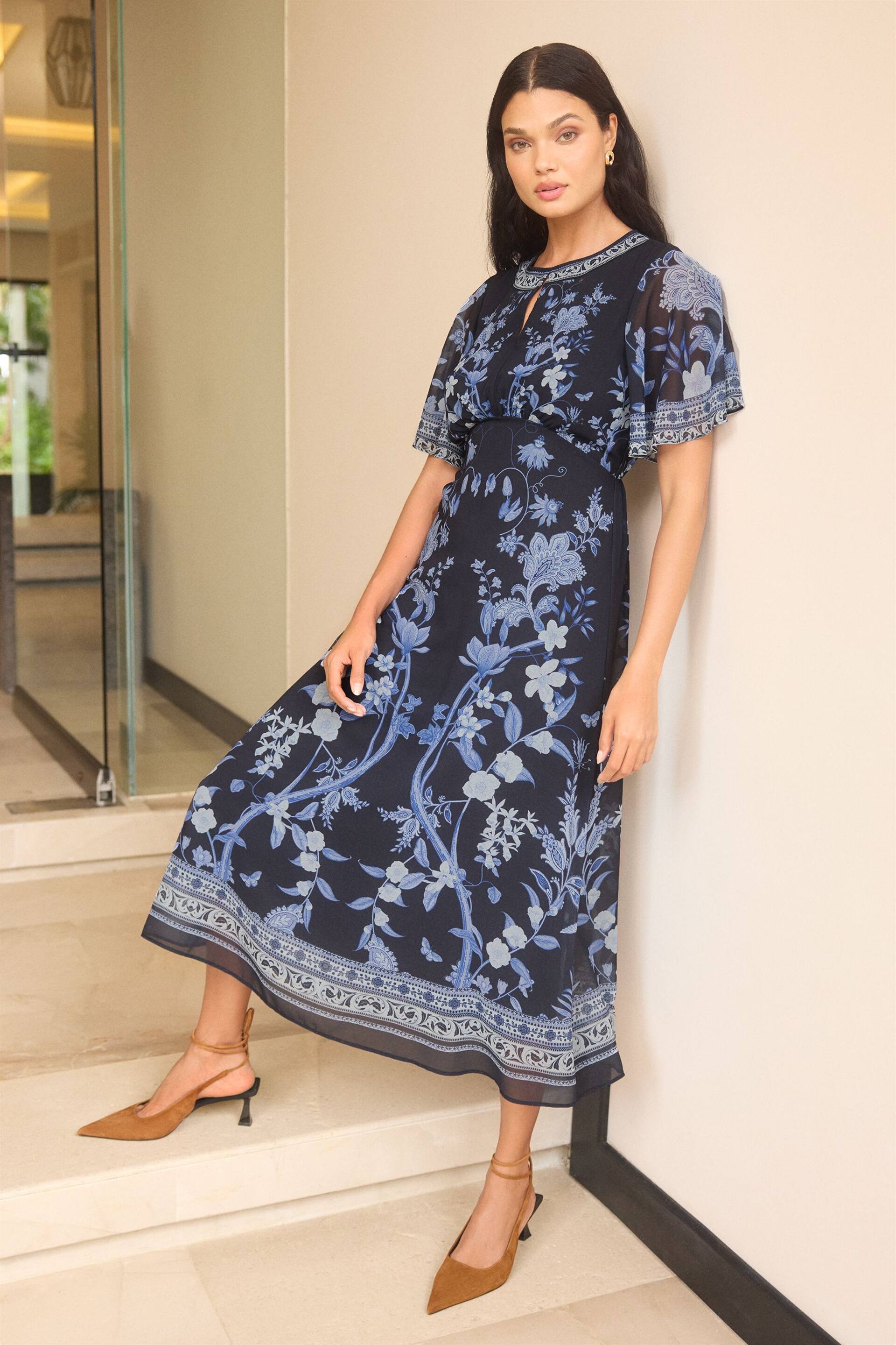 Lipsy Blue Placement Print Short Sleeve Midi Dress - Image 3 of 4