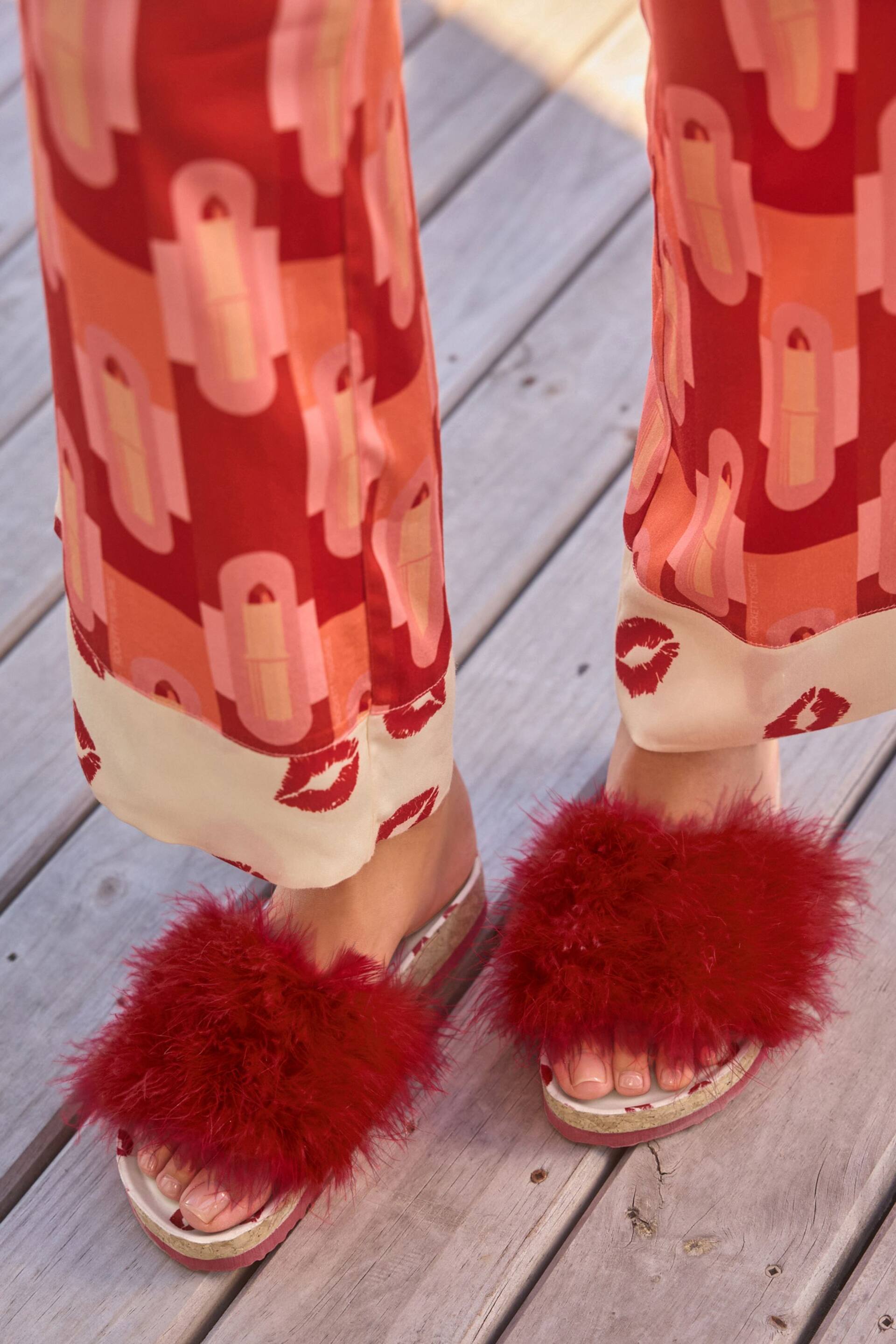 Rockett St George Red Lips Print Faux Fur Clog Sliders - Image 1 of 8