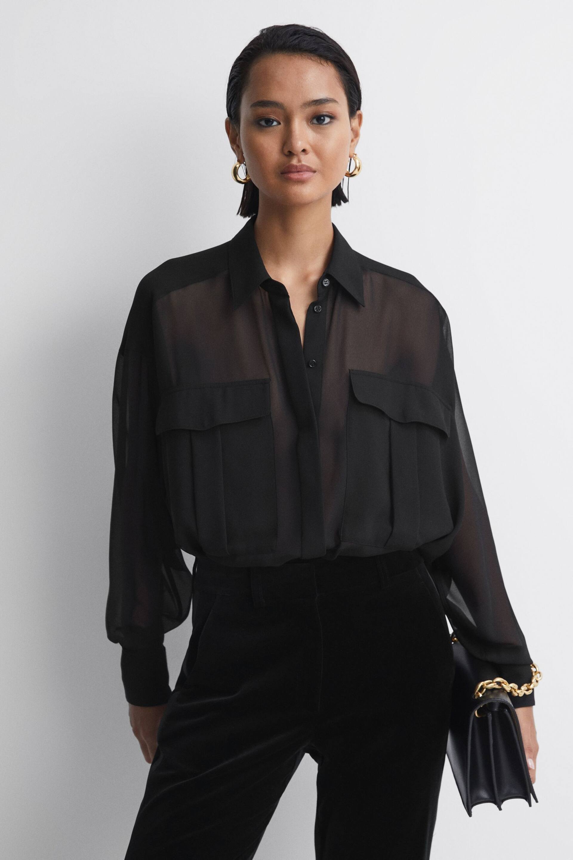 Reiss Black Adaline Oversized Sheer Button-Through Shirt - Image 1 of 5