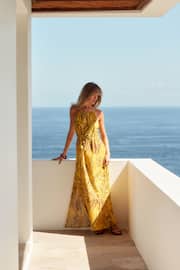 Ochre Yellow Leaf Print Strappy Maxi Summer Dress - Image 2 of 7