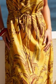 Ochre Yellow Leaf Print Strappy Maxi Summer Dress - Image 4 of 7