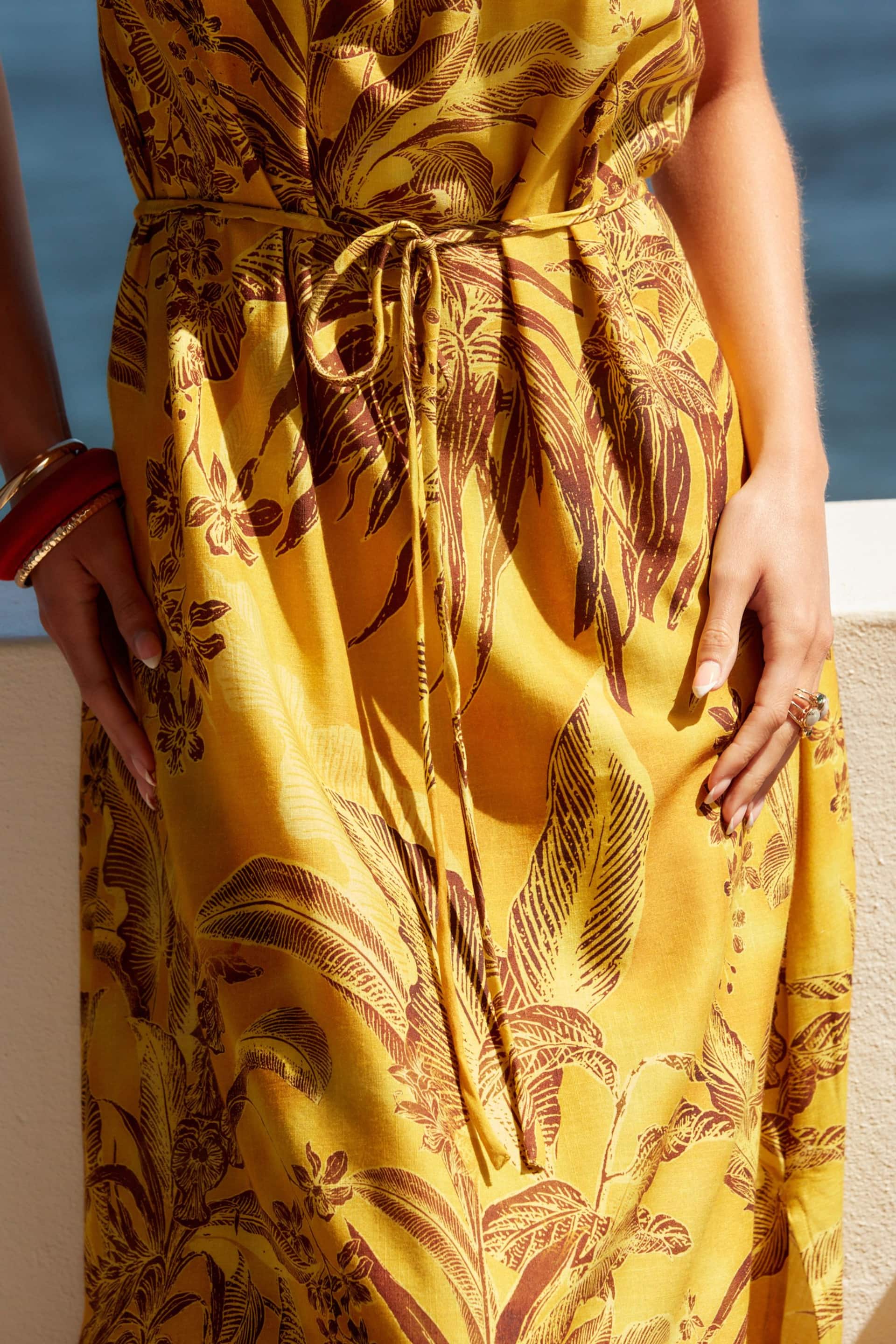 Ochre Yellow Leaf Print Strappy Maxi Summer Dress - Image 4 of 7