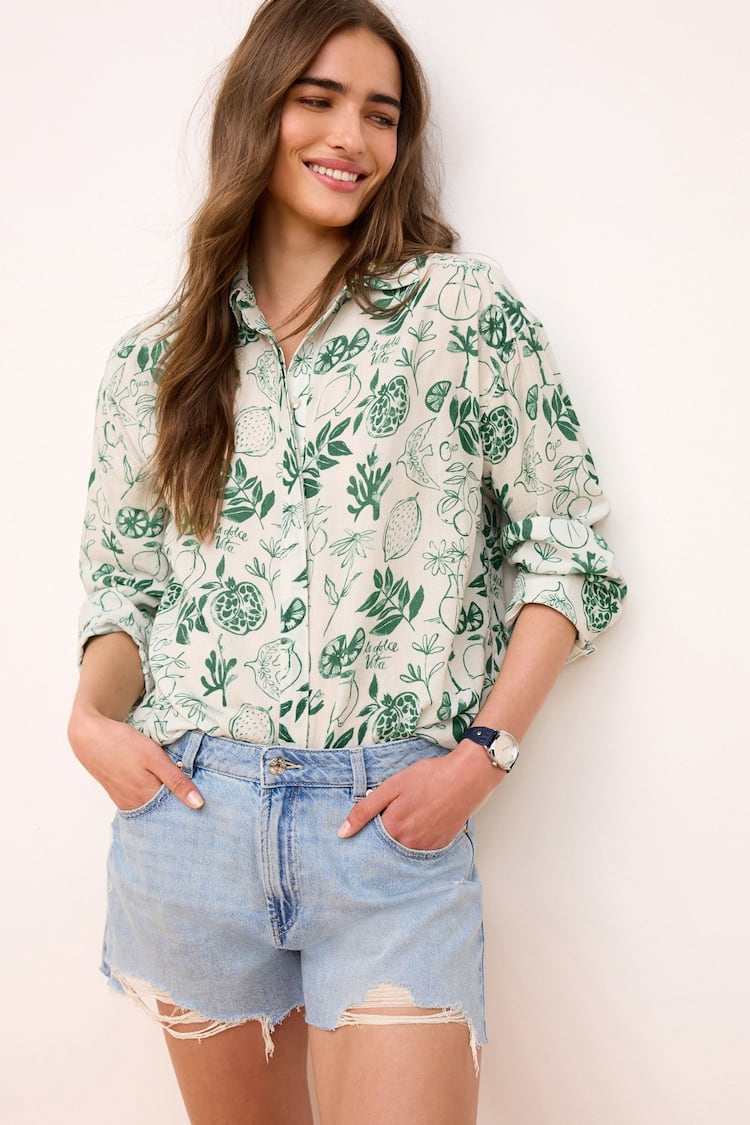 Ecru White/Green Print Long Sleeve Collared Summer Shirt - Image 1 of 6