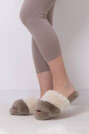 Totes Natural Ladies Faux Fur Contrast Stripe Slider Slippers - Image 1 of 5