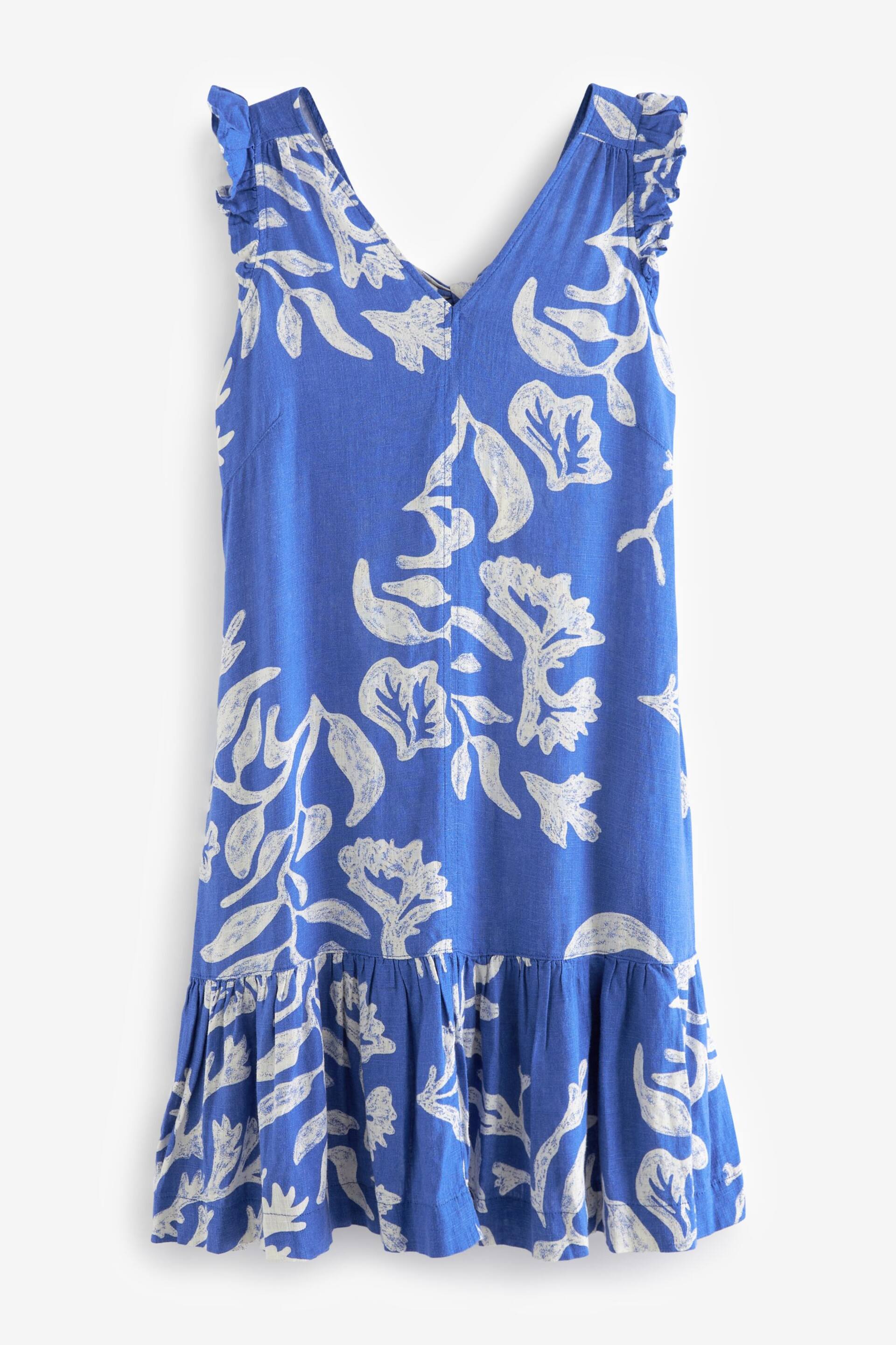 Blue on White Linen V-Neck Blend Summer Sleeveless Shift Dress - Image 5 of 6
