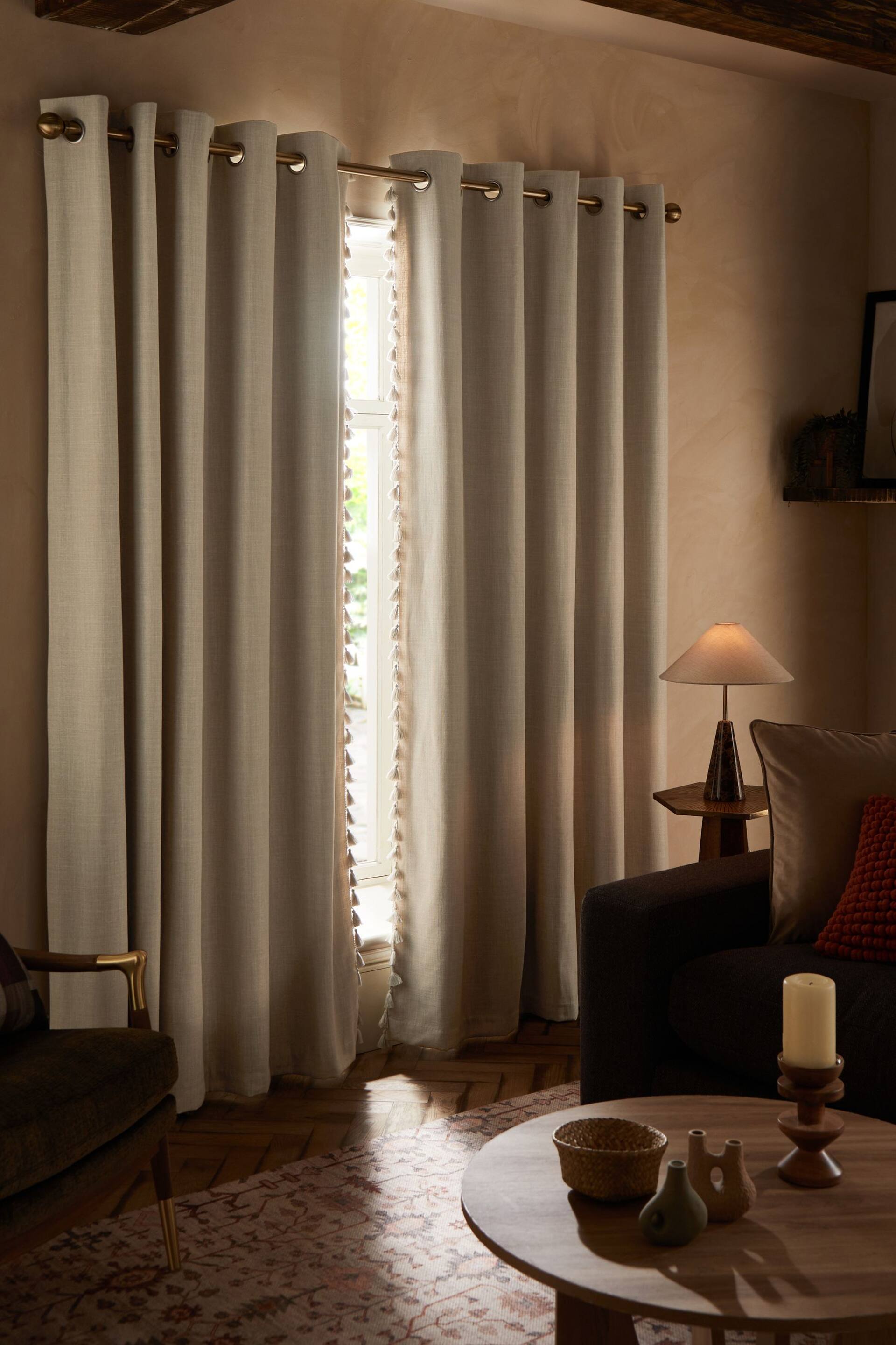 Light Natural Next Textured Tassel Edge Eyelet Blackout/Thermal Curtains - Image 4 of 7