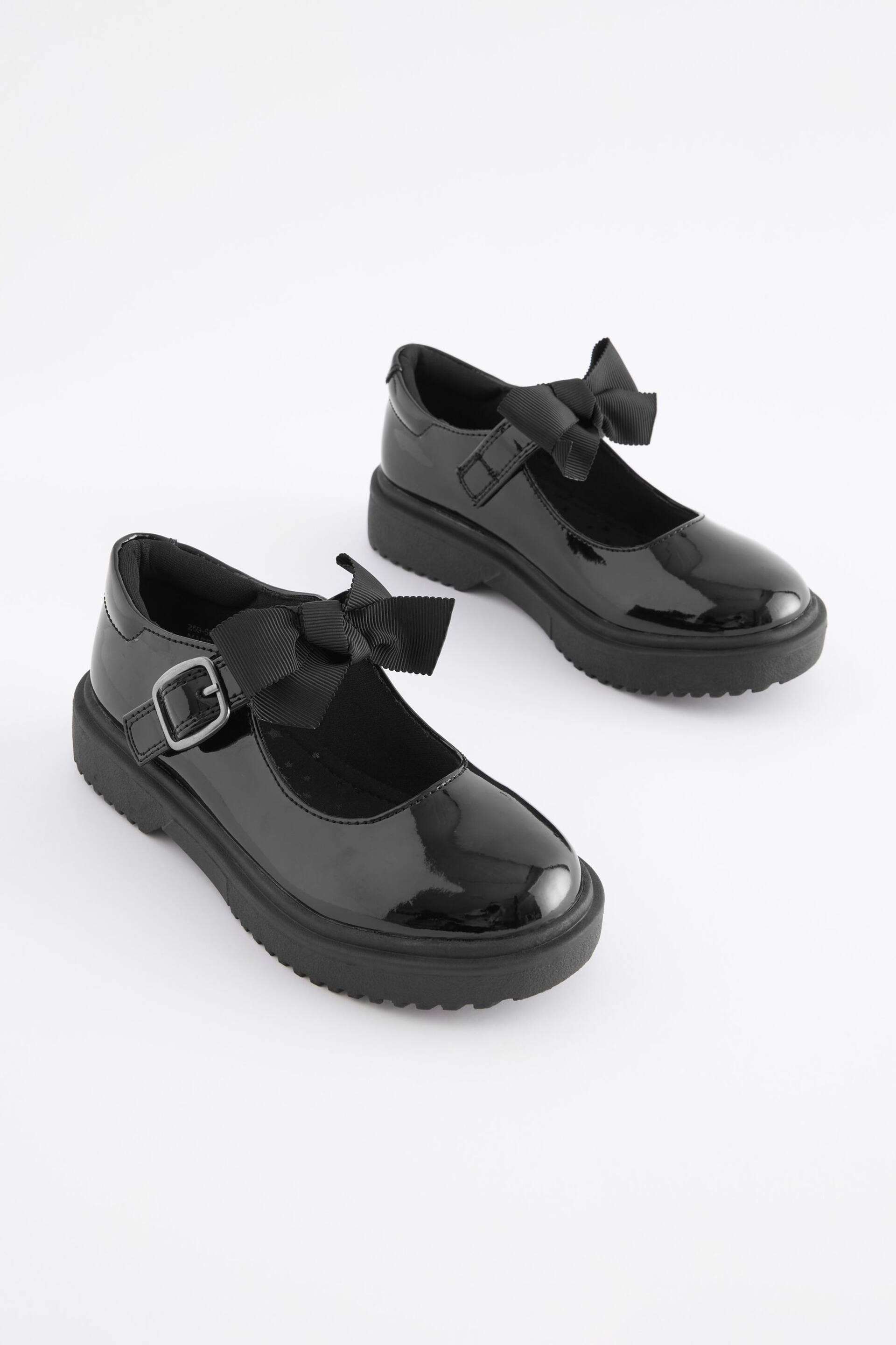 Black Patent Standard Fit (F) Bow Chunky Mary Jane School Shoes - Image 2 of 6