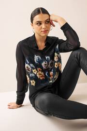 Black Floral Placement Print Long Sleeve Sheer Shirt - Image 1 of 6