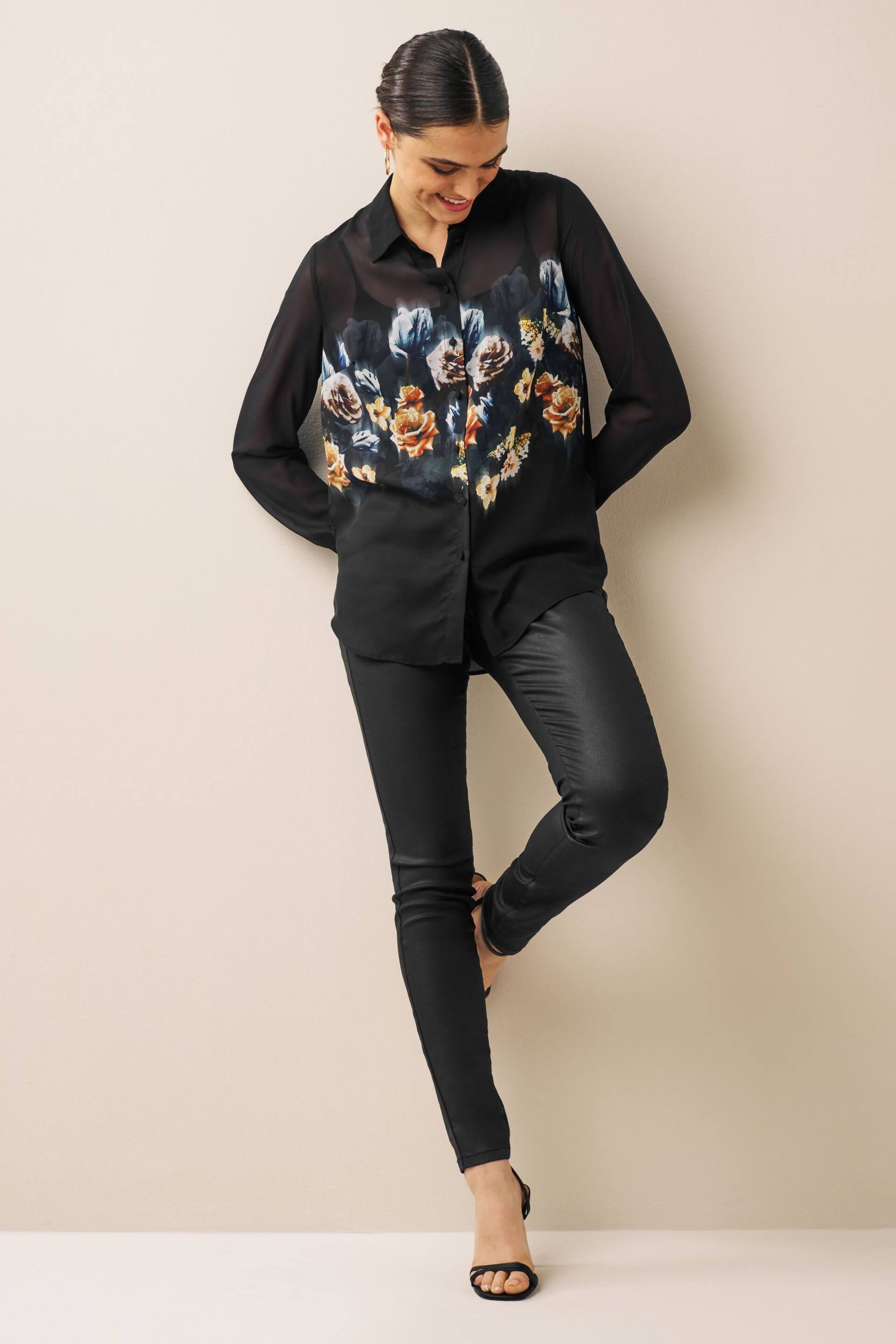 Black Floral Placement Print Long Sleeve Sheer Shirt - Image 2 of 6