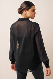 Black Floral Placement Print Long Sleeve Sheer Shirt - Image 3 of 6