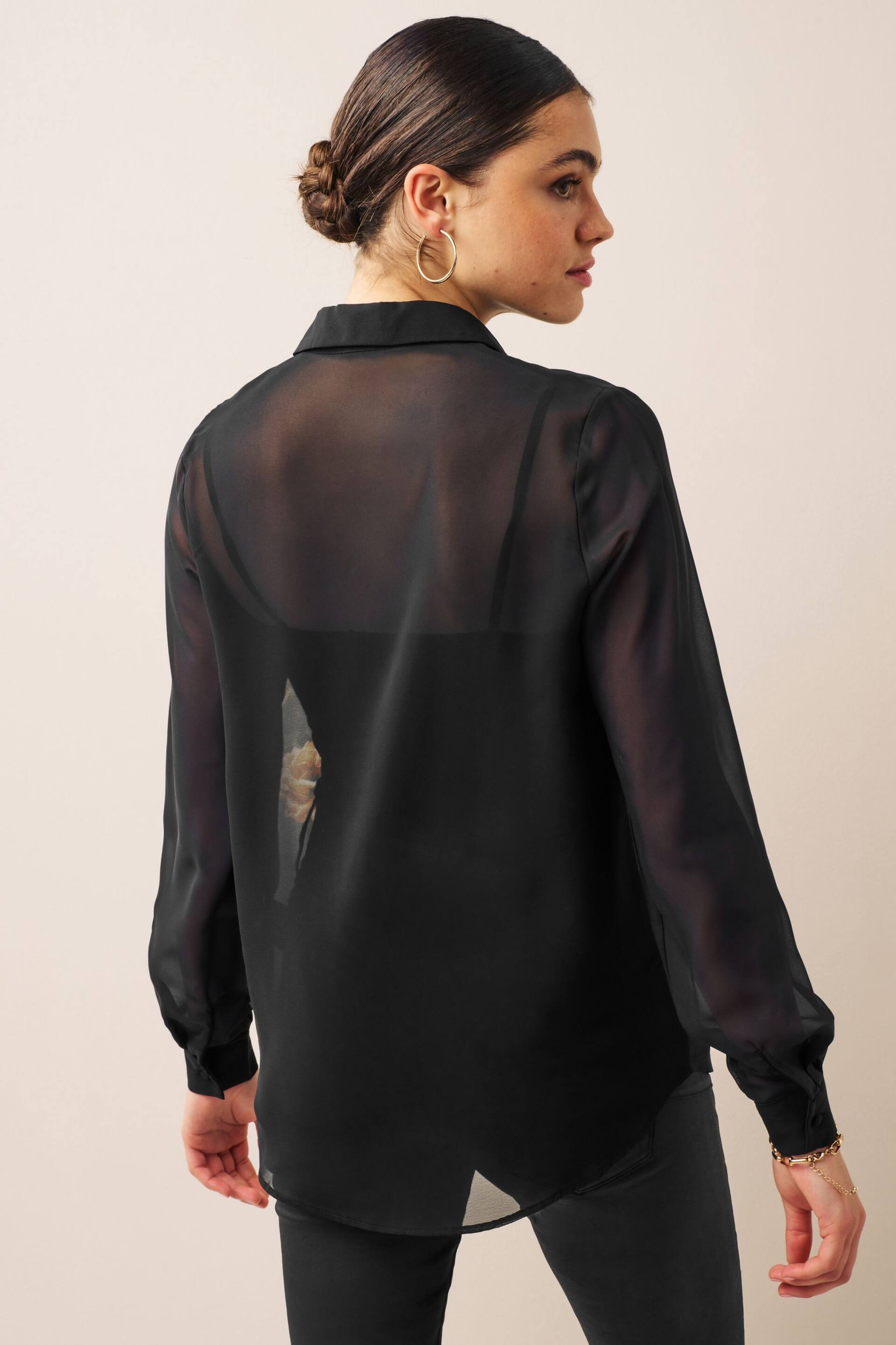 Black Floral Placement Print Long Sleeve Sheer Shirt - Image 3 of 6