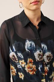 Black Floral Placement Print Long Sleeve Sheer Shirt - Image 4 of 6