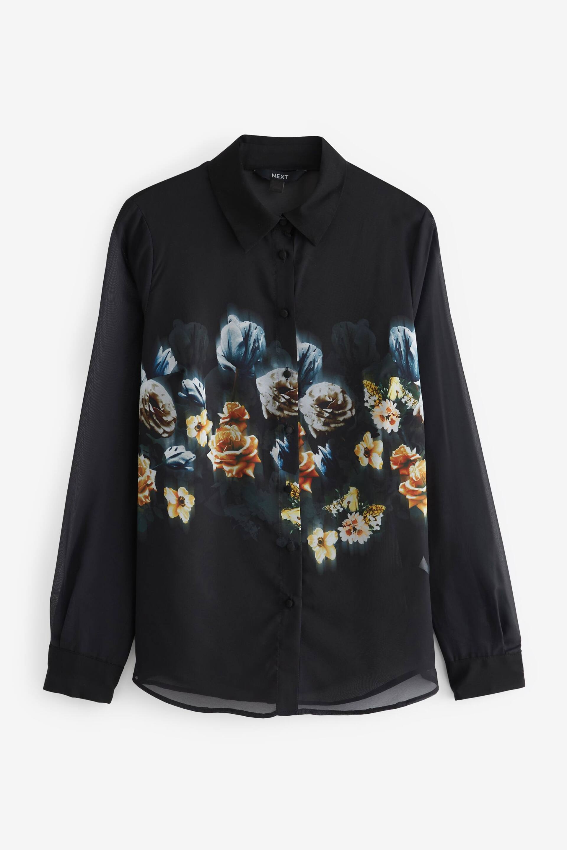 Black Floral Placement Print Long Sleeve Sheer Shirt - Image 5 of 6